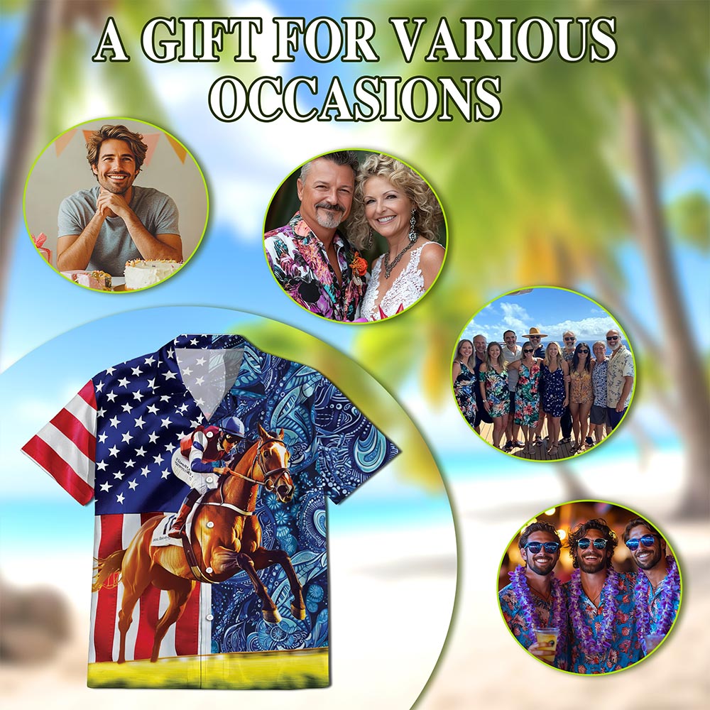 Netecom American Horse Racing Hawaiian Shirt for Men, Button Down Summer Beach Short Sleeve, S-5XL