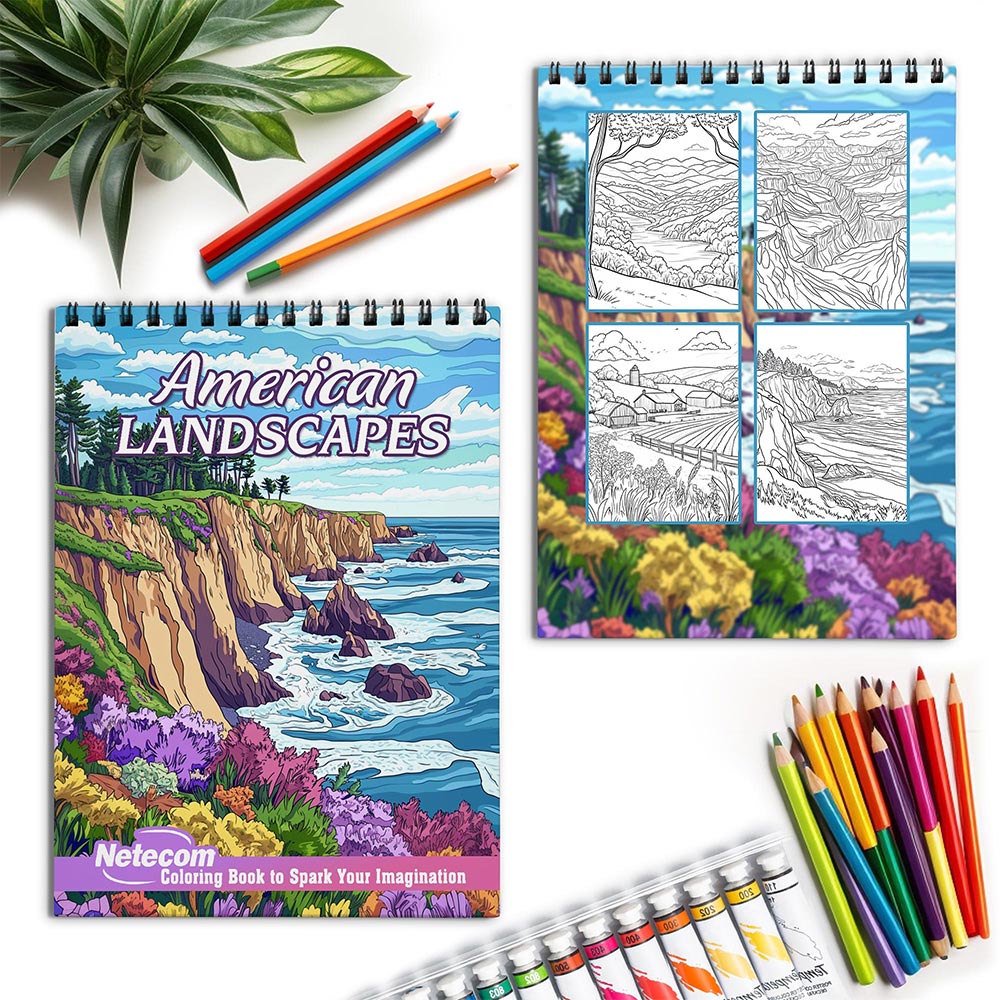 Netecom American Landscapes Spiral Coloring Book for Adults