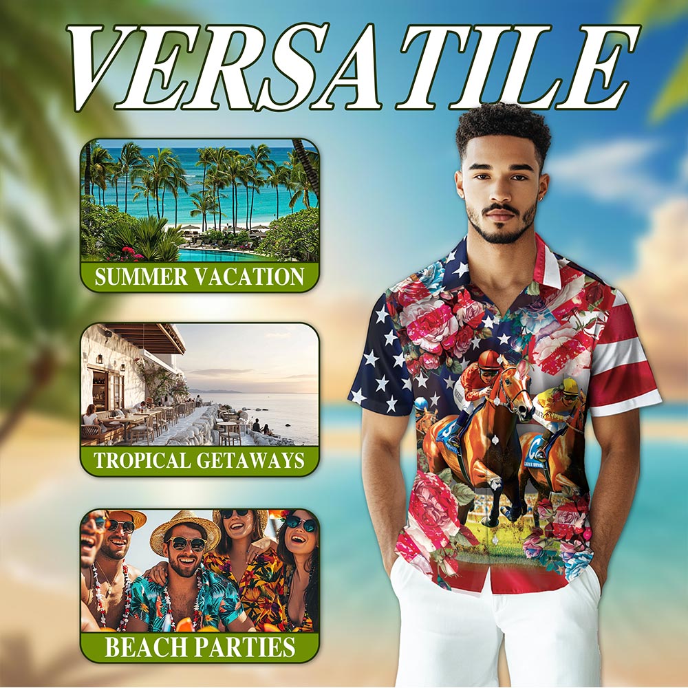 Netecom American Roses Horse Racing Hawaiian Shirt for Men, Button Down Summer Beach Short Sleeve, S-5XL