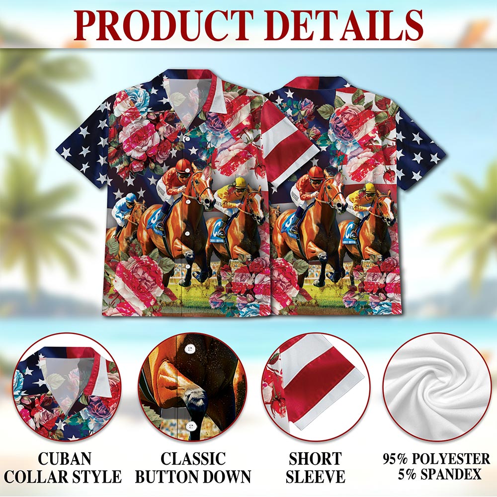 Netecom American Roses Horse Racing Hawaiian Shirt for Men, Button Down Summer Beach Short Sleeve, S-5XL