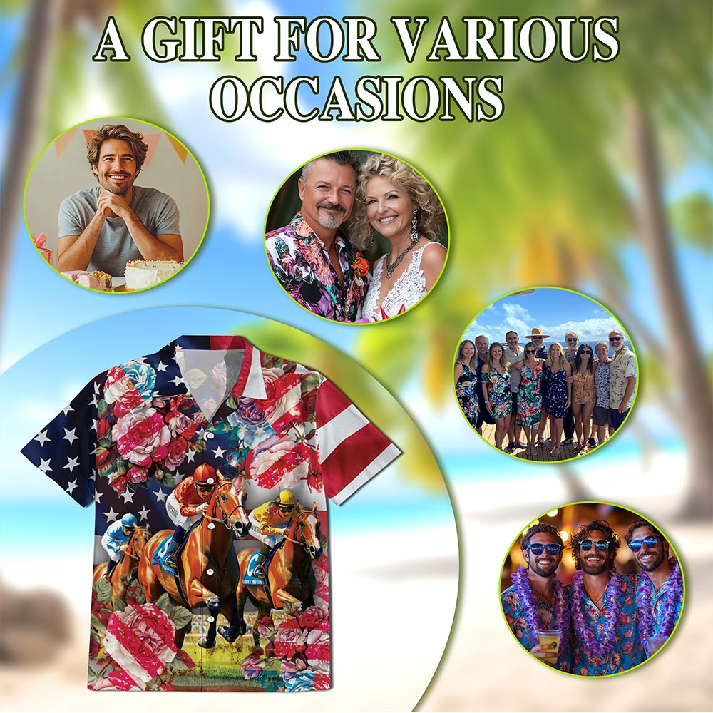 Netecom American Roses Horse Racing Hawaiian Shirt for Men, Button Down Summer Beach Short Sleeve, S-5XL
