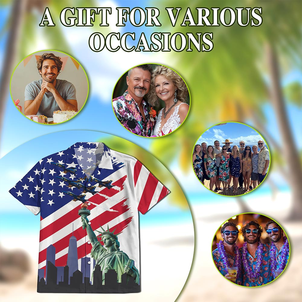 Netecom American USA Hawaiian Shirt for Men, Patriotic Style, Button Down Summer Beach Short Sleeve, S-5XL