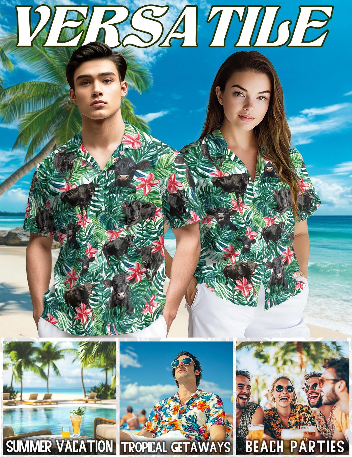 Netecom Angus Cattle Hawaiian Shirt for Men, Tropical Style, Button Down Summer Beach Short Sleeve, S-5XL