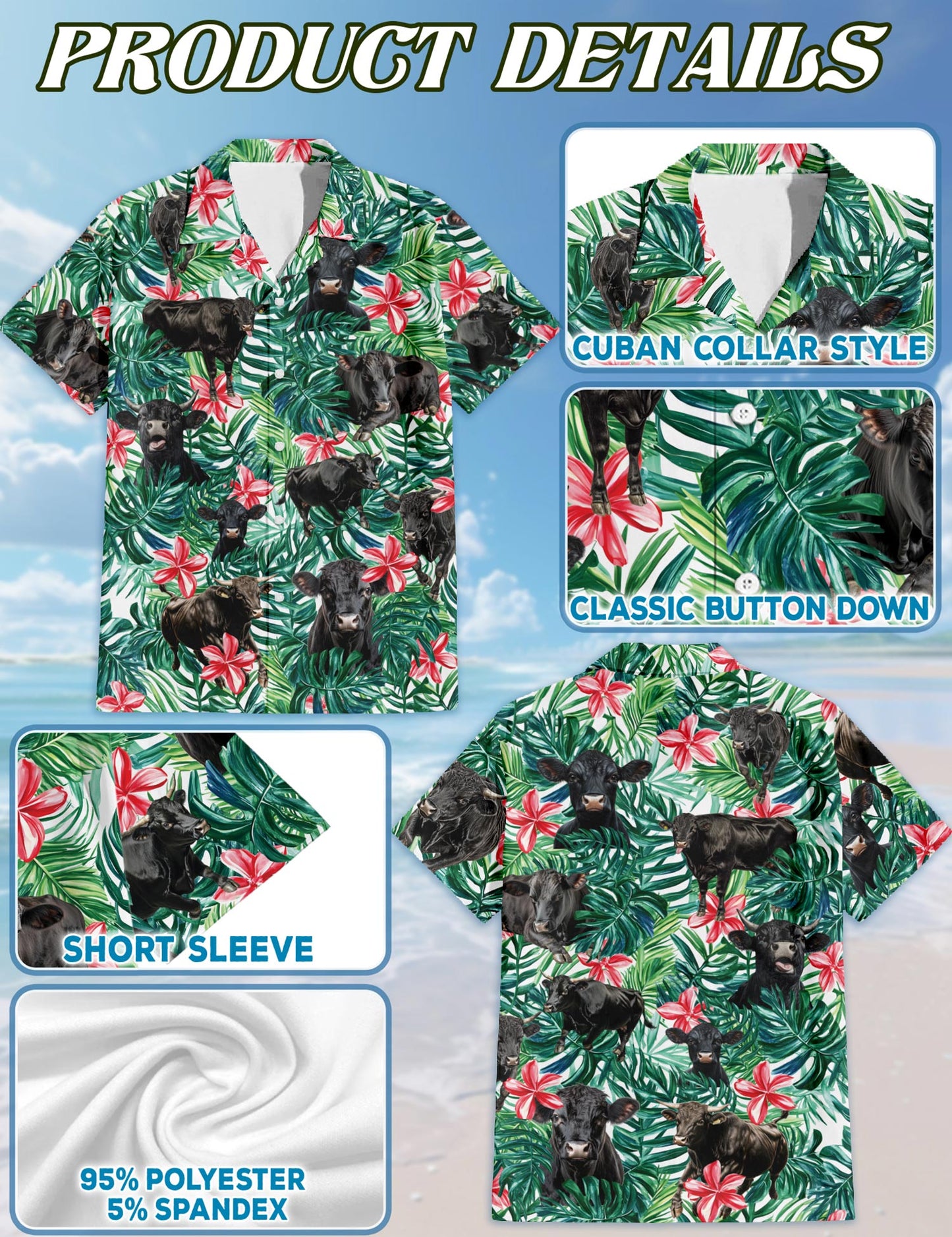 Netecom Angus Cattle Hawaiian Shirt for Men, Tropical Style, Button Down Summer Beach Short Sleeve, S-5XL