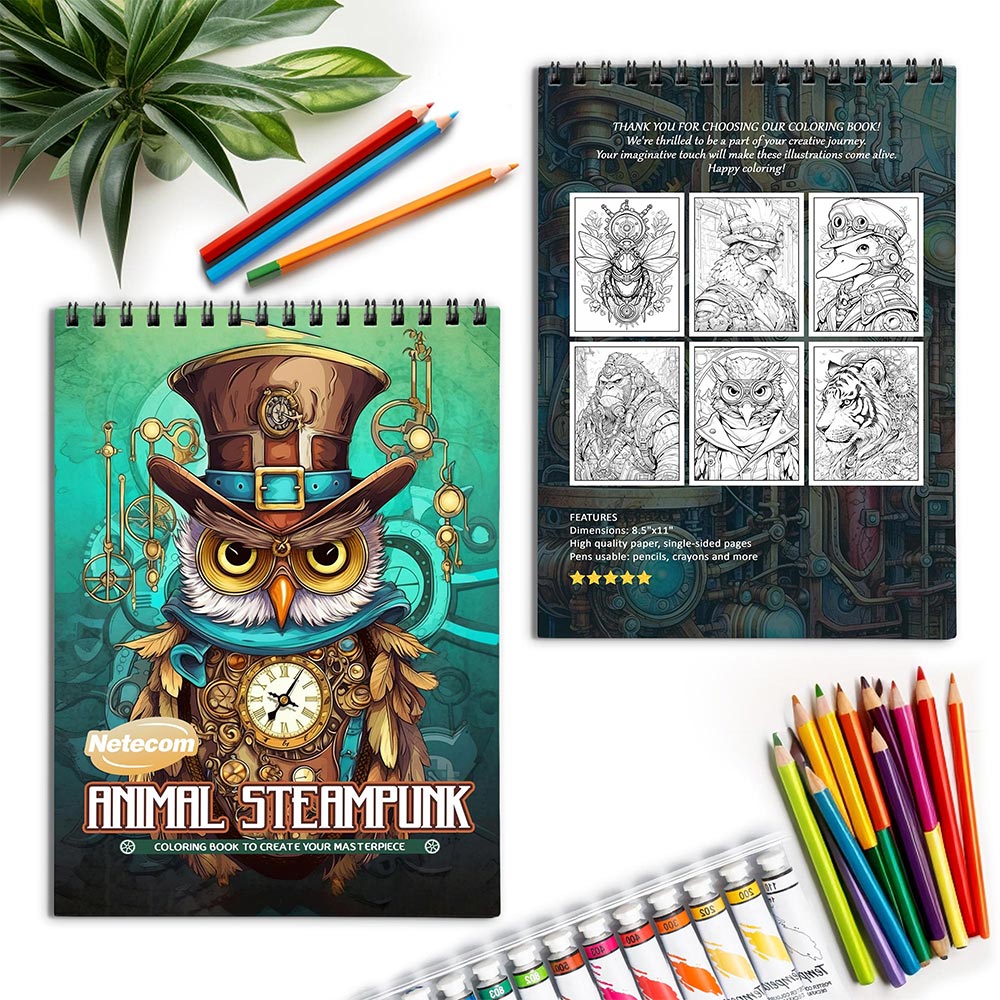 Netecom Animal Steampunk Spiral Coloring Book for Adults