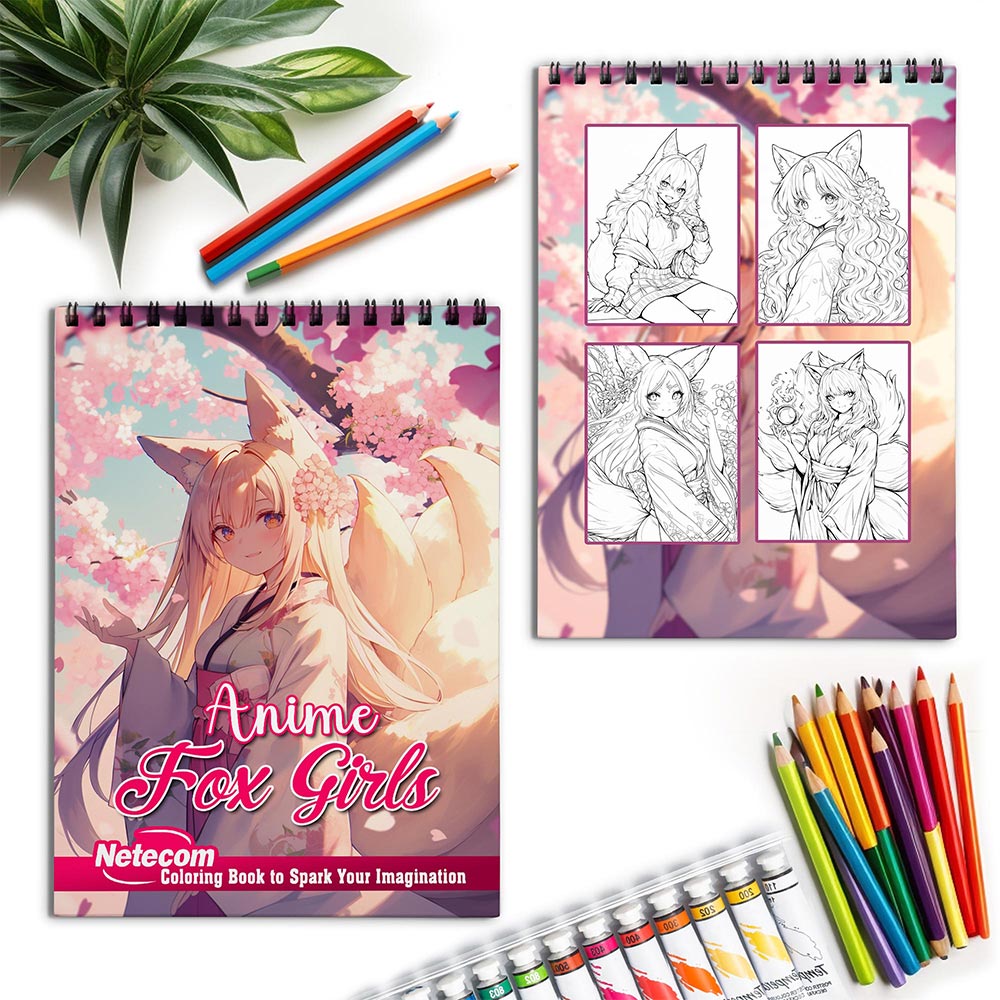 Netecom Anime Fox Girls Spiral Coloring Book for Adults and Girls