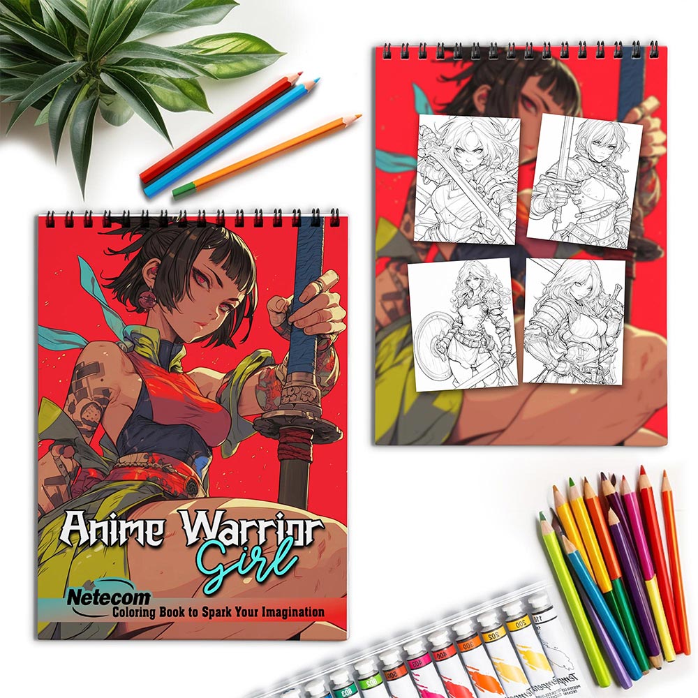 Netecom Anime Warrior Girl Spiral Coloring Book for Adults