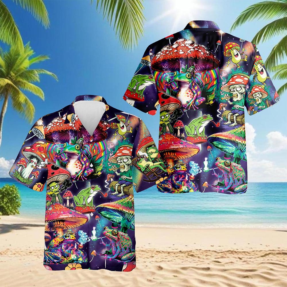 Netecom Art Magic Mushroom Trippy Hippie Hawaiian Shirt for Men, Colorful Fungi Frog Button Down Summer Beach Shirts, S-5XL