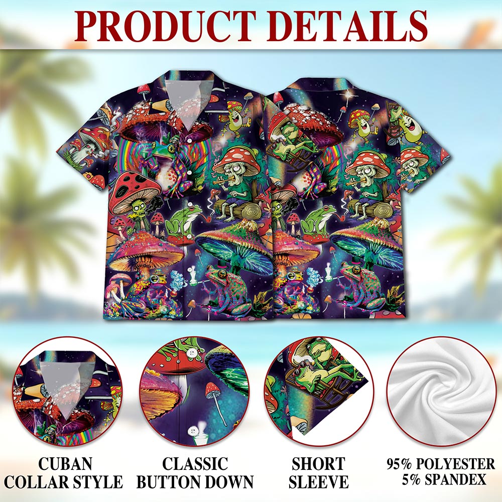 Netecom Art Magic Mushroom Trippy Hippie Hawaiian Shirt for Men, Colorful Fungi Frog Button Down Summer Beach Shirts, S-5XL