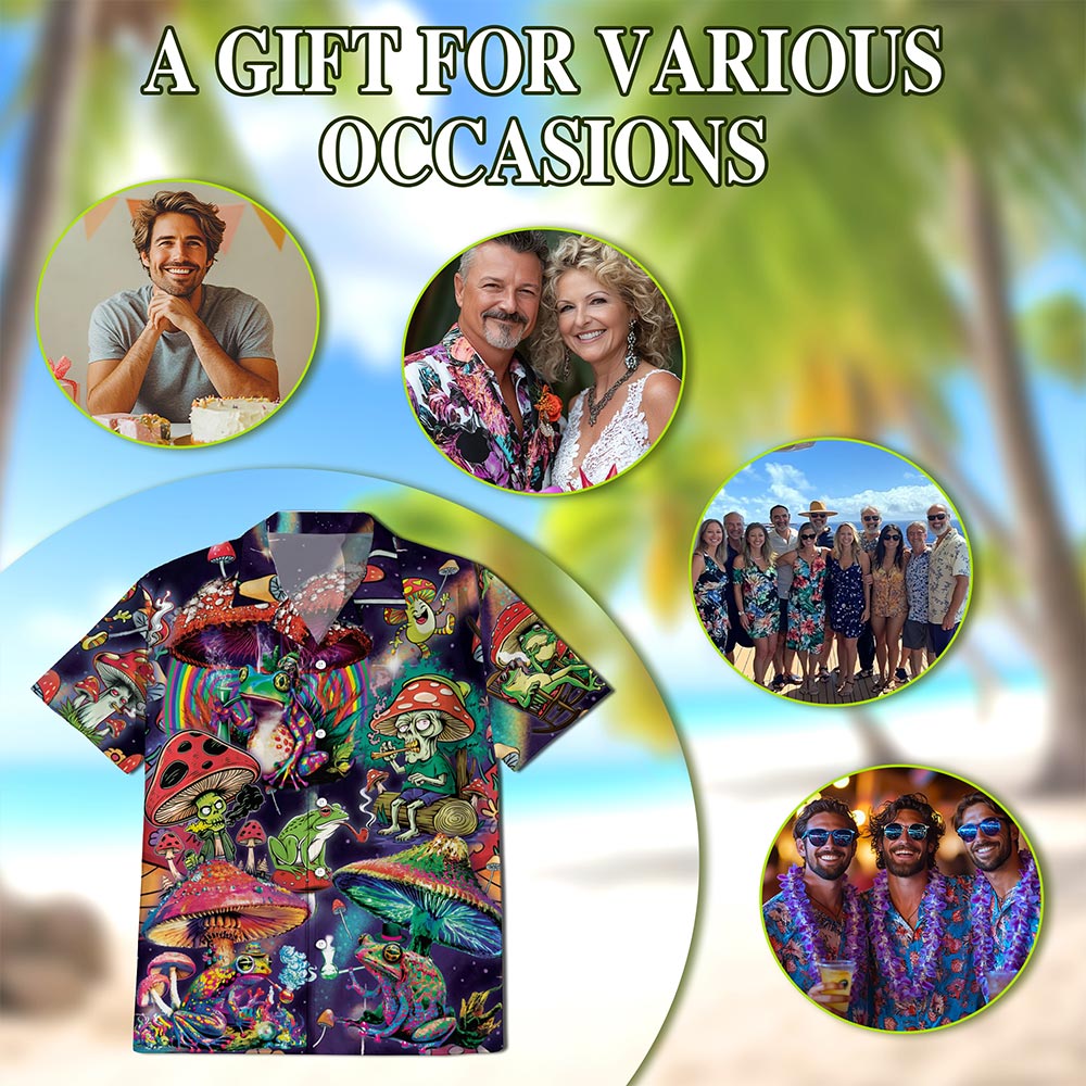 Netecom Art Magic Mushroom Trippy Hippie Hawaiian Shirt for Men, Colorful Fungi Frog Button Down Summer Beach Shirts, S-5XL