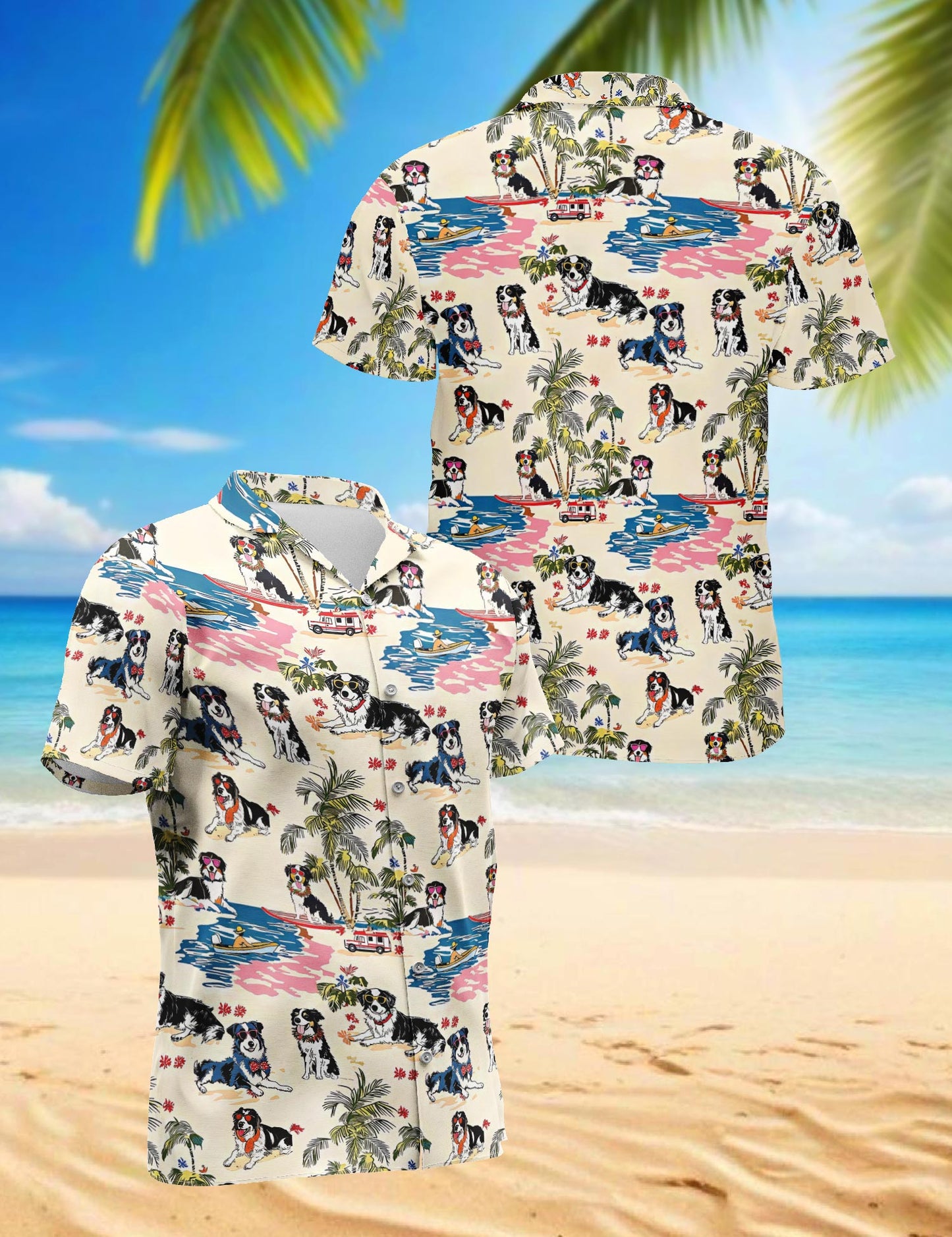 Netecom Australian Shepherd Hawaiian Shirt for Men, Tropical Style, Button Down Summer Beach Short Sleeve, S-5XL