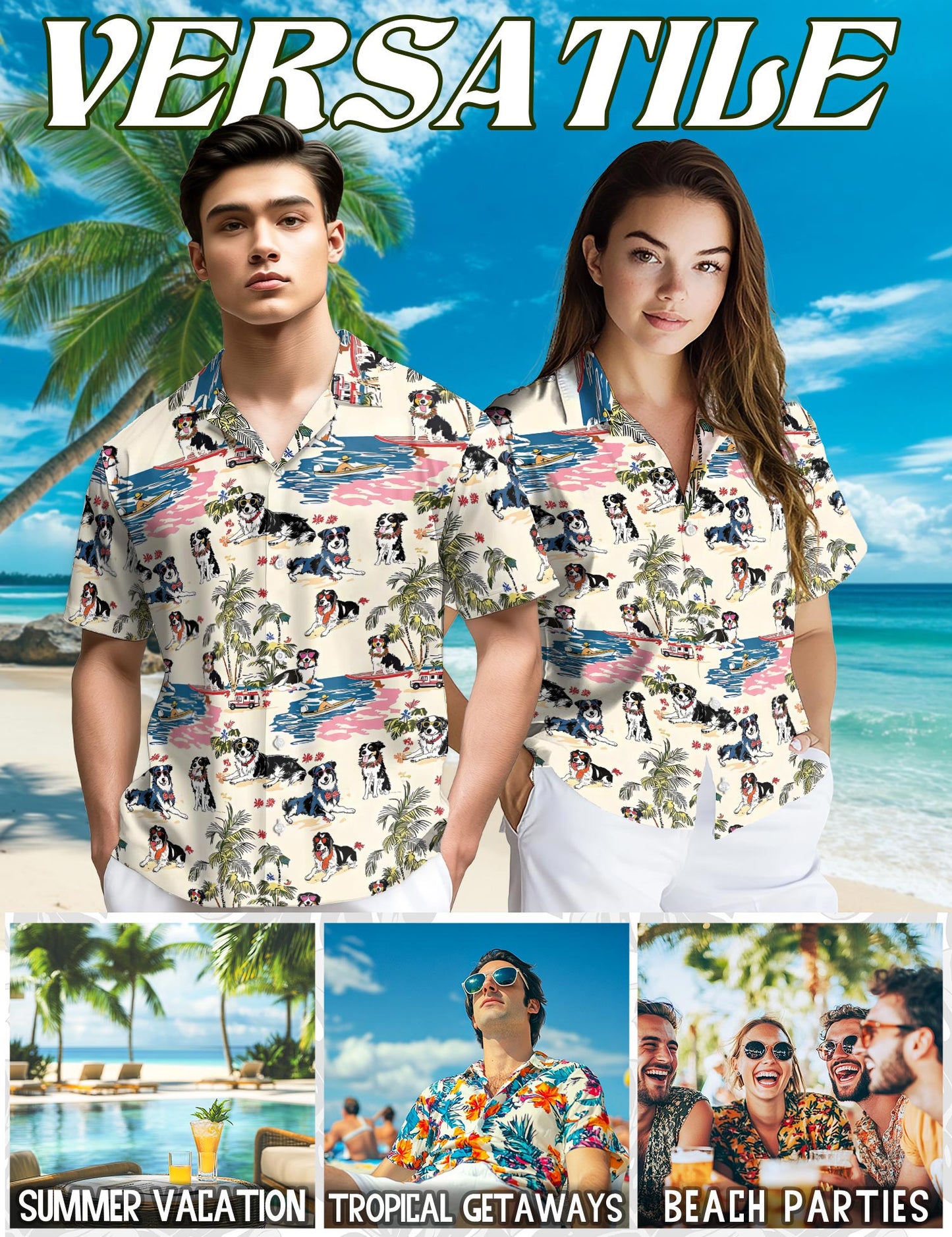 Netecom Australian Shepherd Hawaiian Shirt for Men, Tropical Style, Button Down Summer Beach Short Sleeve, S-5XL