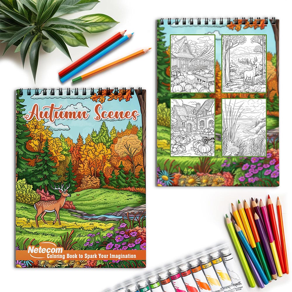 Netecom Autumn Scenes Spiral Coloring Book for Adults