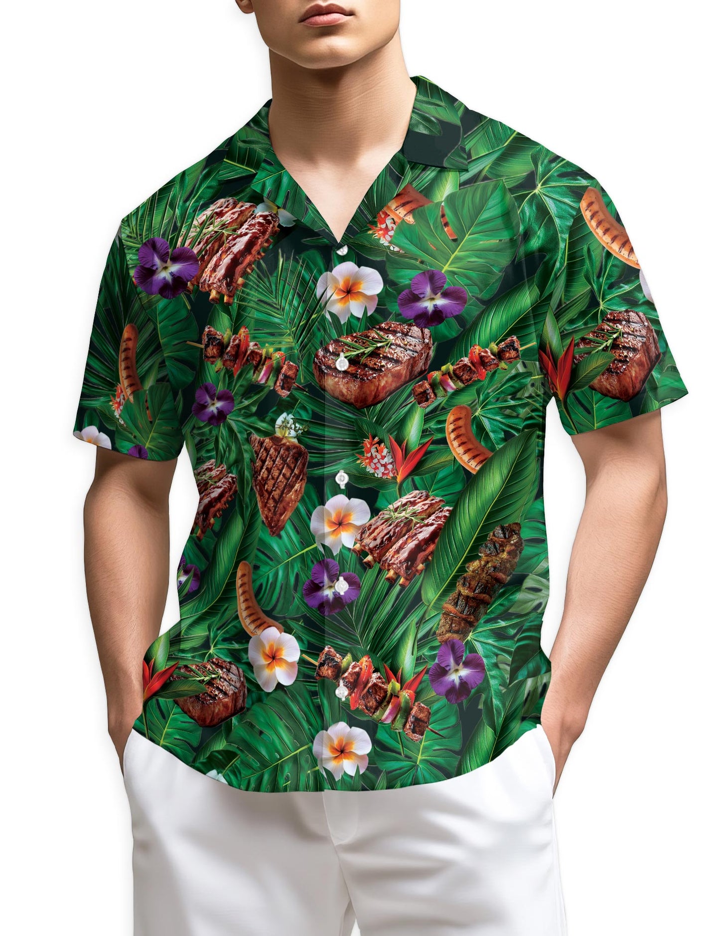 Netecom BBQ Lovers Green Floral Hawaiian Shirt for Men