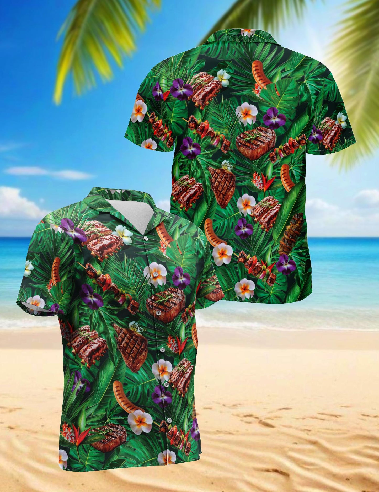 Netecom BBQ Lovers Green Floral Hawaiian Shirt for Men, Button Down Summer Beach Short Sleeve, Tropical Style, Sizes S-5XL