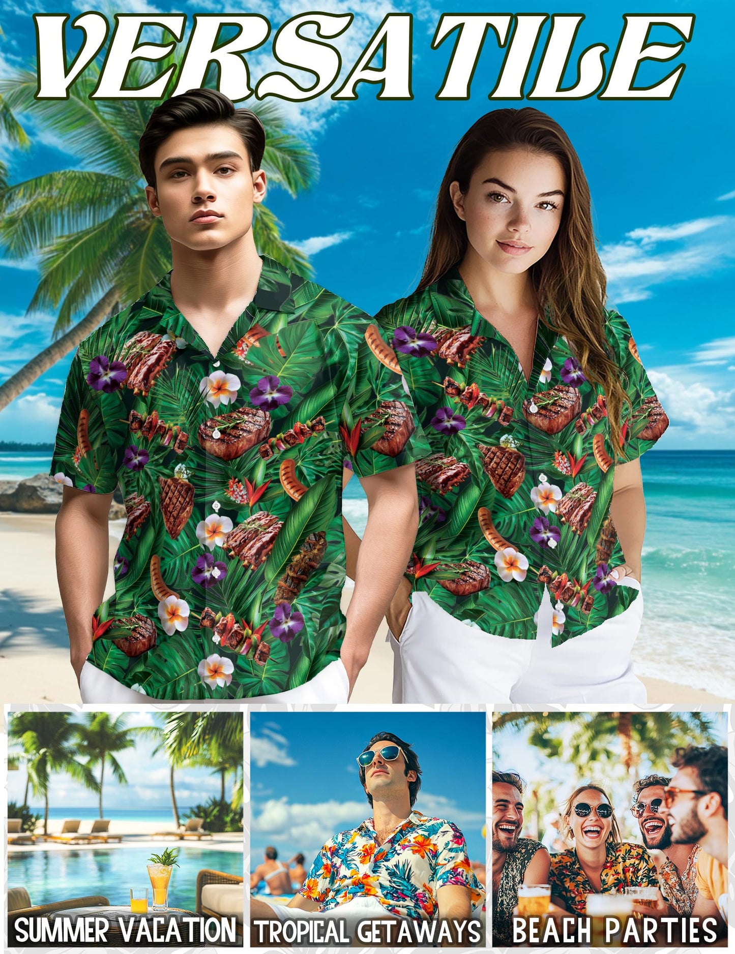 Netecom BBQ Lovers Green Floral Hawaiian Shirt for Men, Button Down Summer Beach Short Sleeve, Tropical Style, Sizes S-5XL