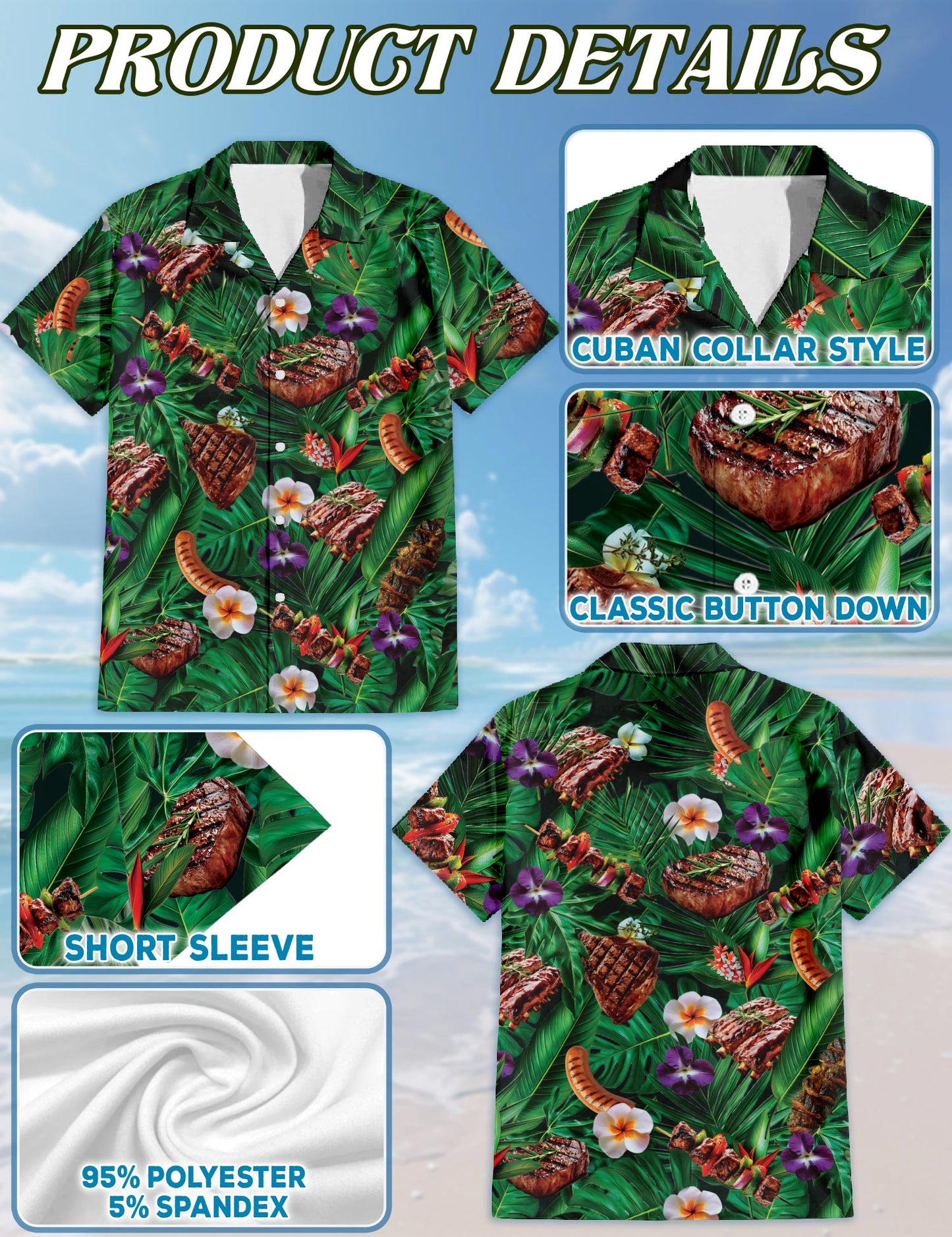 Netecom BBQ Lovers Green Floral Hawaiian Shirt for Men, Button Down Summer Beach Short Sleeve, Tropical Style, Sizes S-5XL
