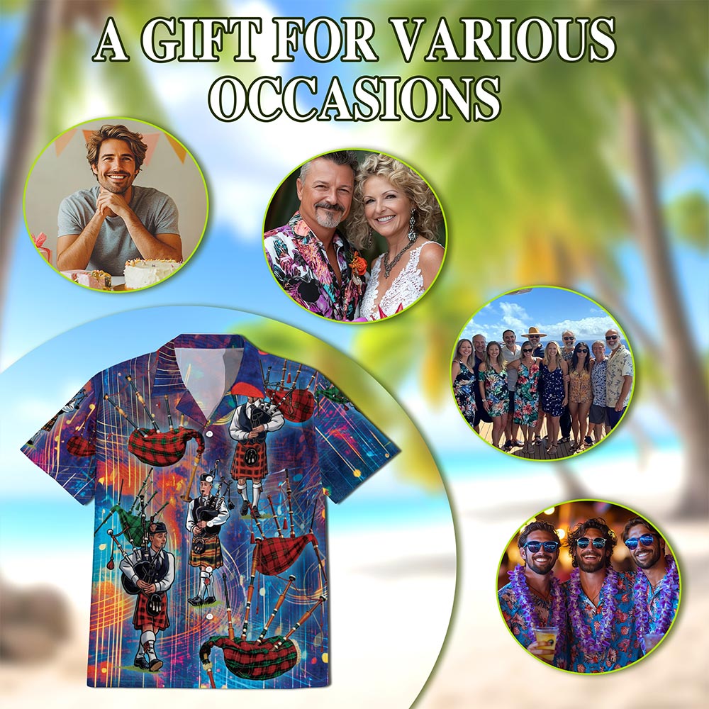 Netecom Bagpipes Player Hawaiian Shirt for Men, Button Down Summer Beach Short Sleeve, S-5XL