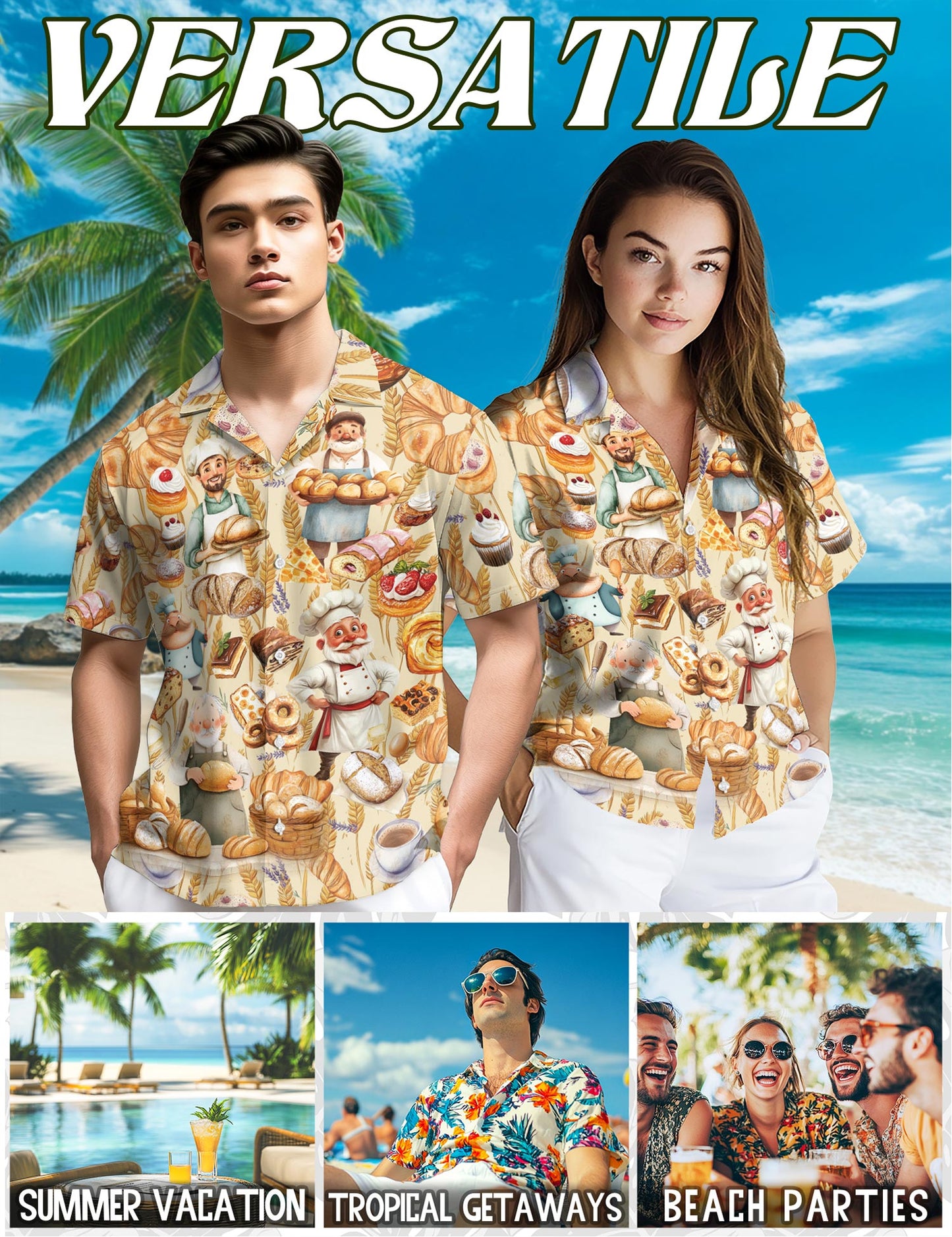 Netecom Bakery Hawaiian Shirt for Men, Vintage Style, Button Down Summer Beach Short Sleeve, S-5XL