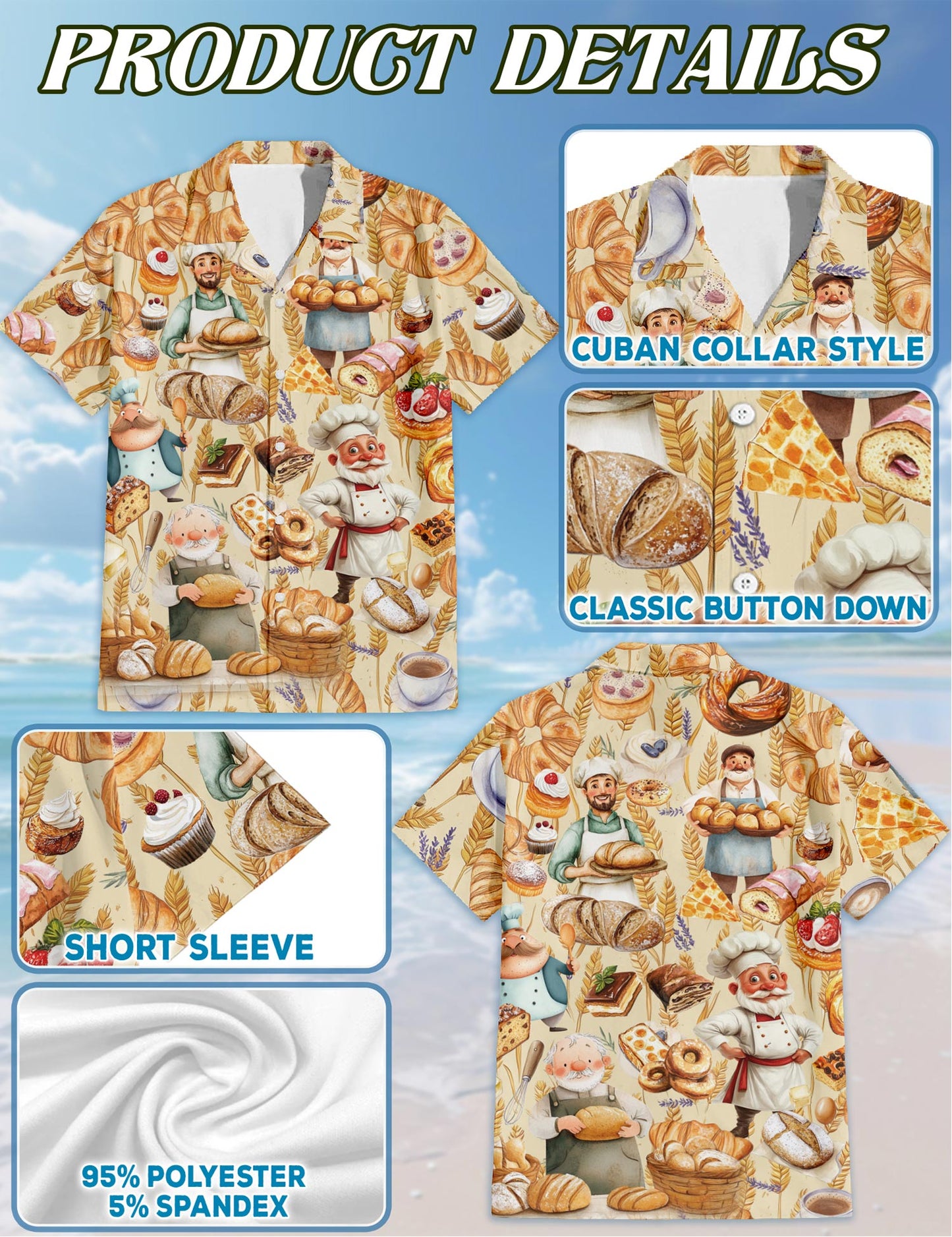 Netecom Bakery Hawaiian Shirt for Men, Vintage Style, Button Down Summer Beach Short Sleeve, S-5XL