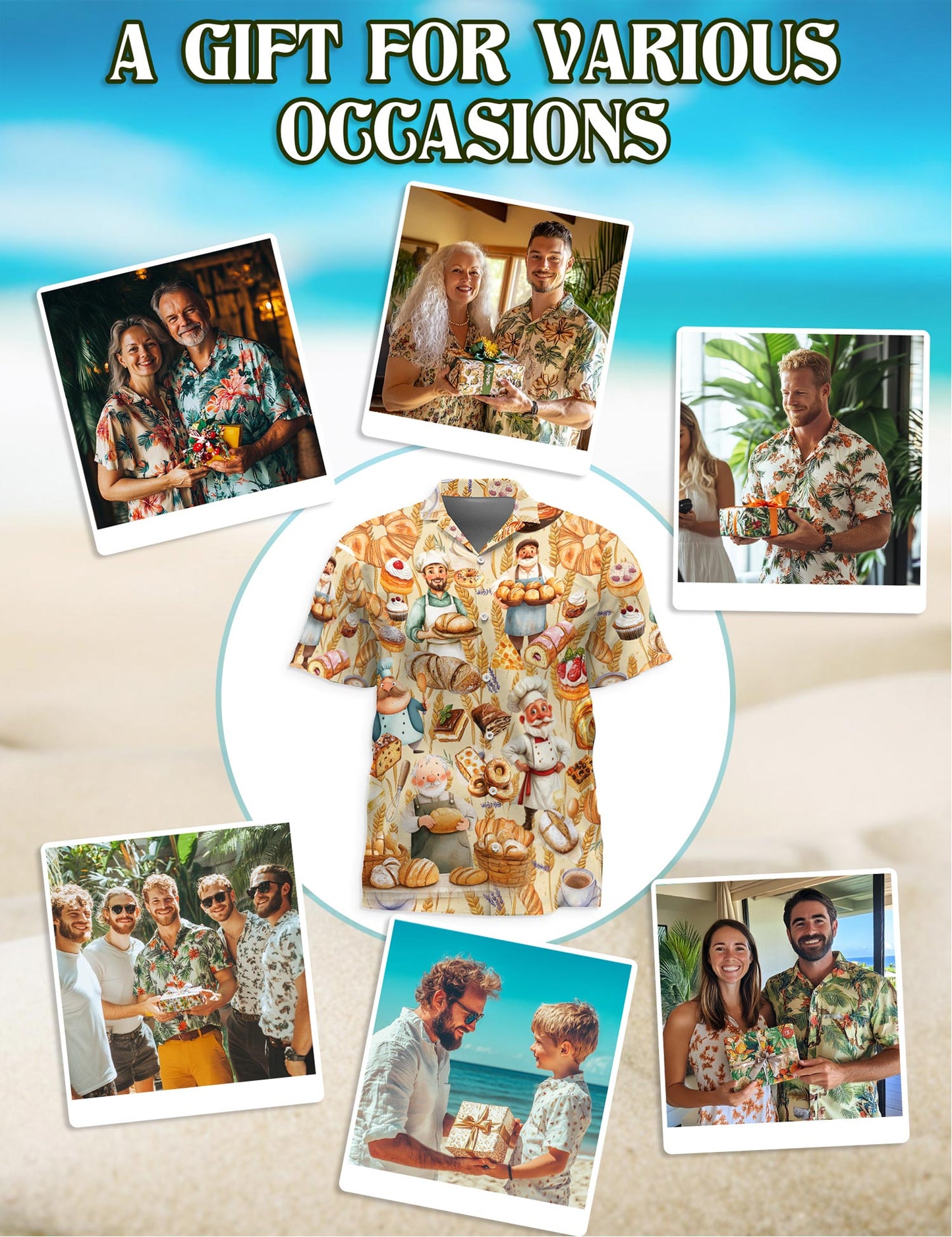 Netecom Bakery Hawaiian Shirt for Men, Vintage Style, Button Down Summer Beach Short Sleeve, S-5XL