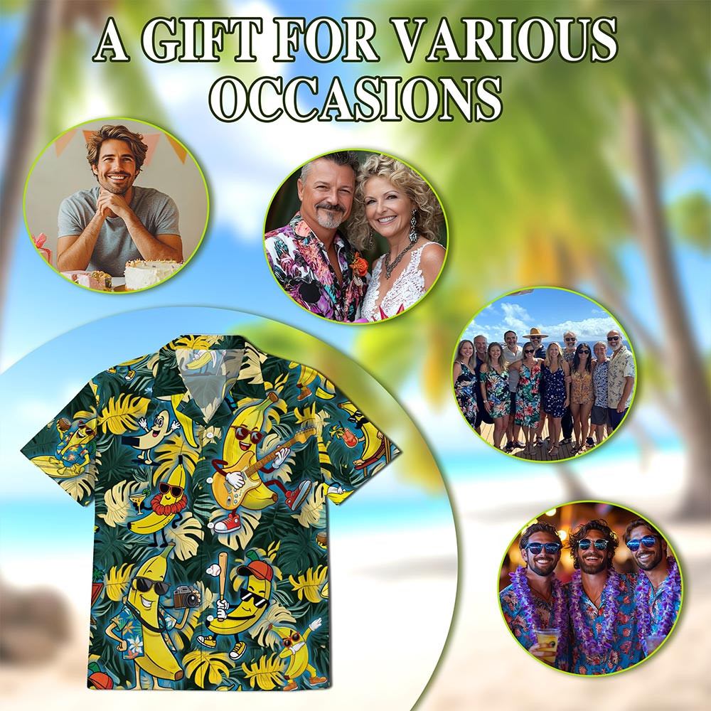 Netecom Banana Plays The Guitar Hawaiian Shirt for Men, Tropical Style, Button Down Summer Beach Short Sleeve, S-5XL