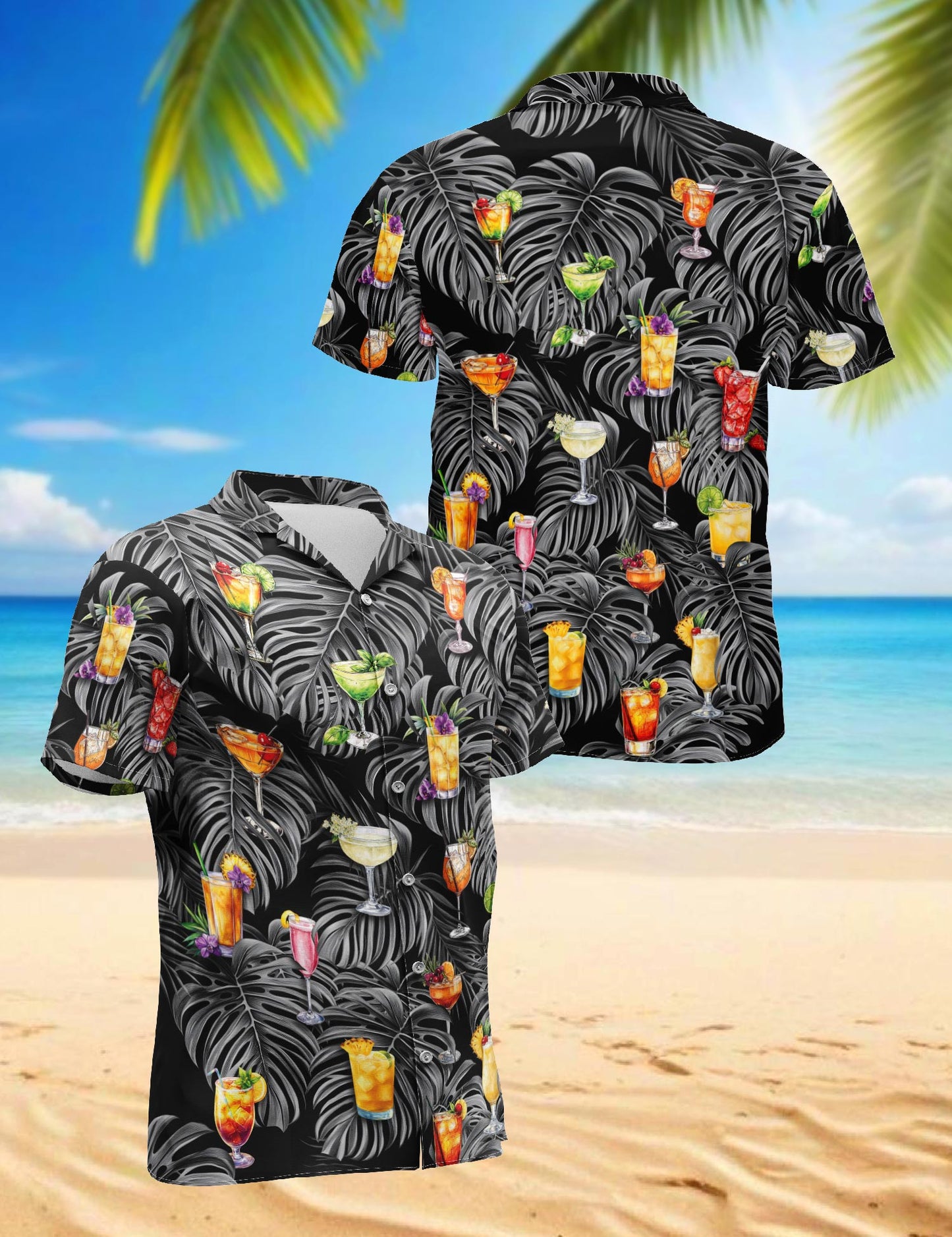 Netecom Bartender Cocktails Hawaiian Shirt for Men, Tropical Style, Button Down Summer Beach Short Sleeve, S-5XL