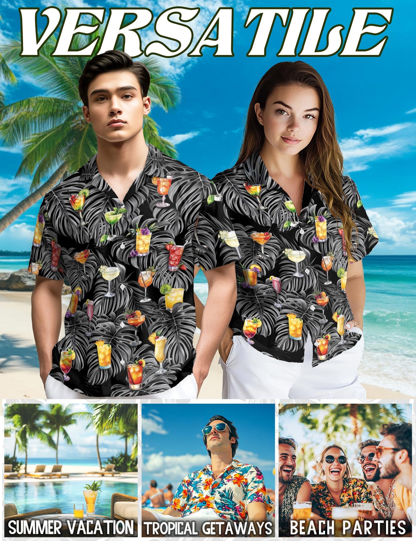 Netecom Bartender Cocktails Hawaiian Shirt for Men, Tropical Style, Button Down Summer Beach Short Sleeve, S-5XL