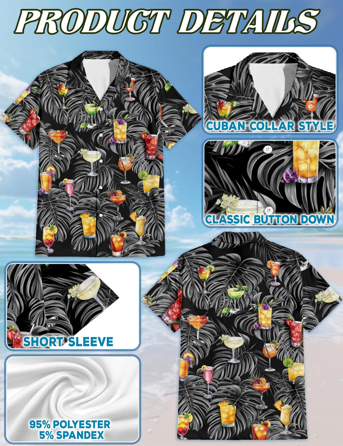 Netecom Bartender Cocktails Hawaiian Shirt for Men, Tropical Style, Button Down Summer Beach Short Sleeve, S-5XL