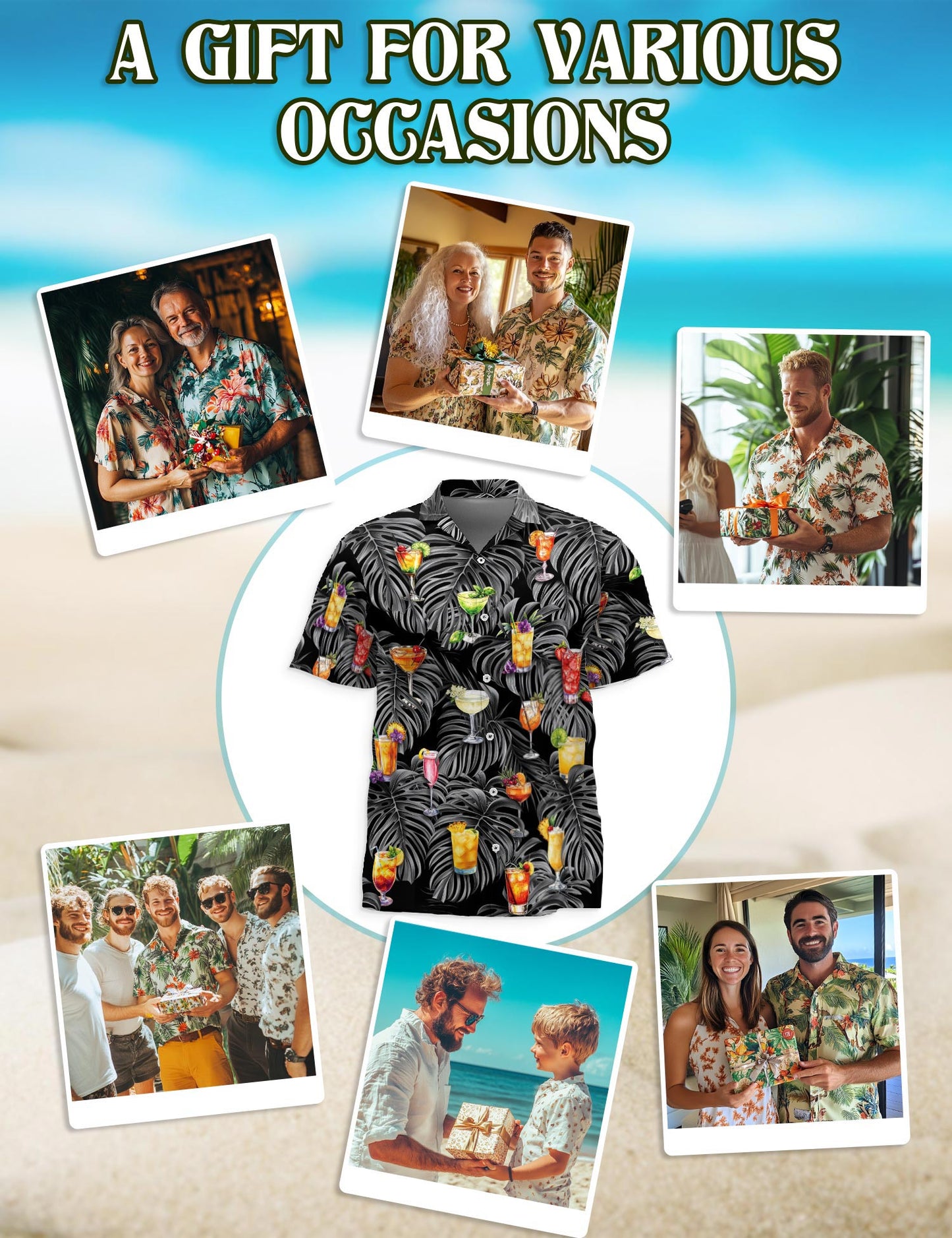 Netecom Bartender Cocktails Hawaiian Shirt for Men, Tropical Style, Button Down Summer Beach Short Sleeve, S-5XL