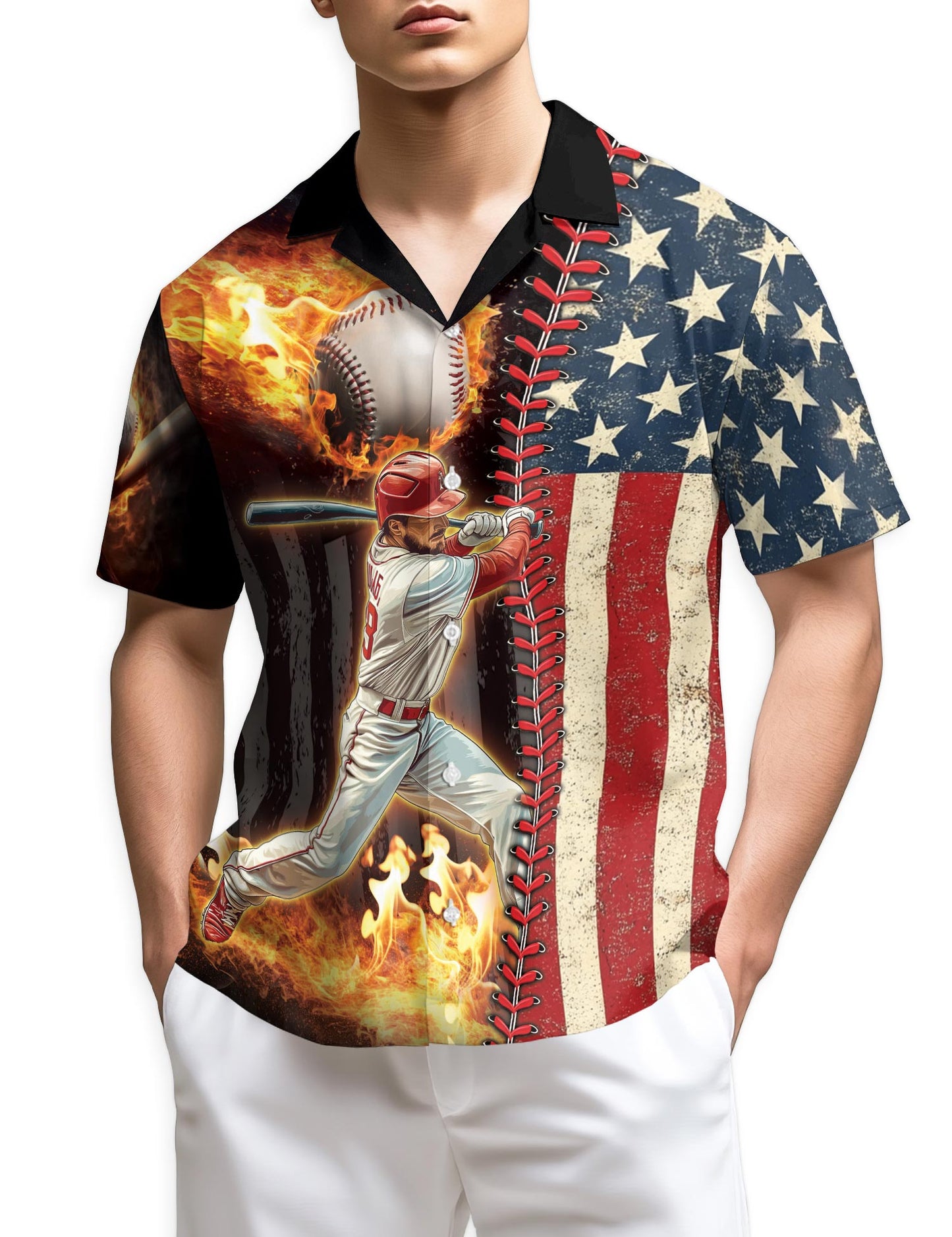Netecom Baseball American Flag Hawaiian Shirt for Men