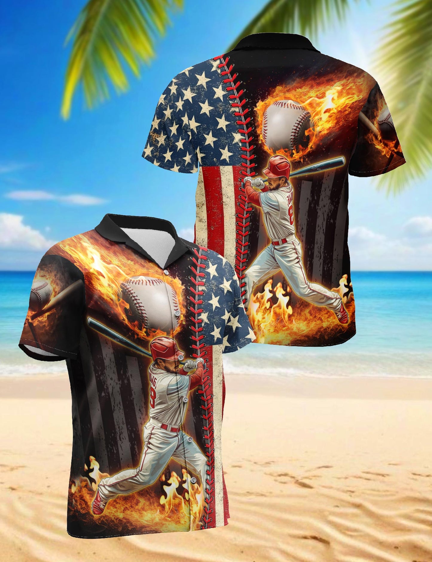 Netecom Baseball American Flag Hawaiian Shirt for Men, Button Down Summer Beach Short Sleeve, Sizes S-5XL