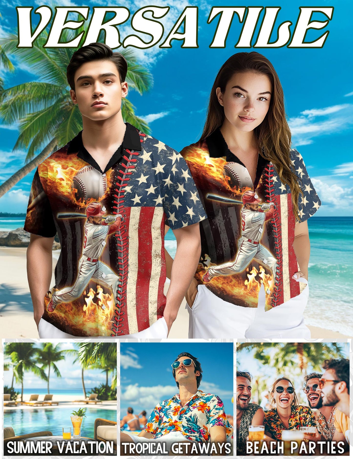 Netecom Baseball American Flag Hawaiian Shirt for Men, Button Down Summer Beach Short Sleeve, Sizes S-5XL