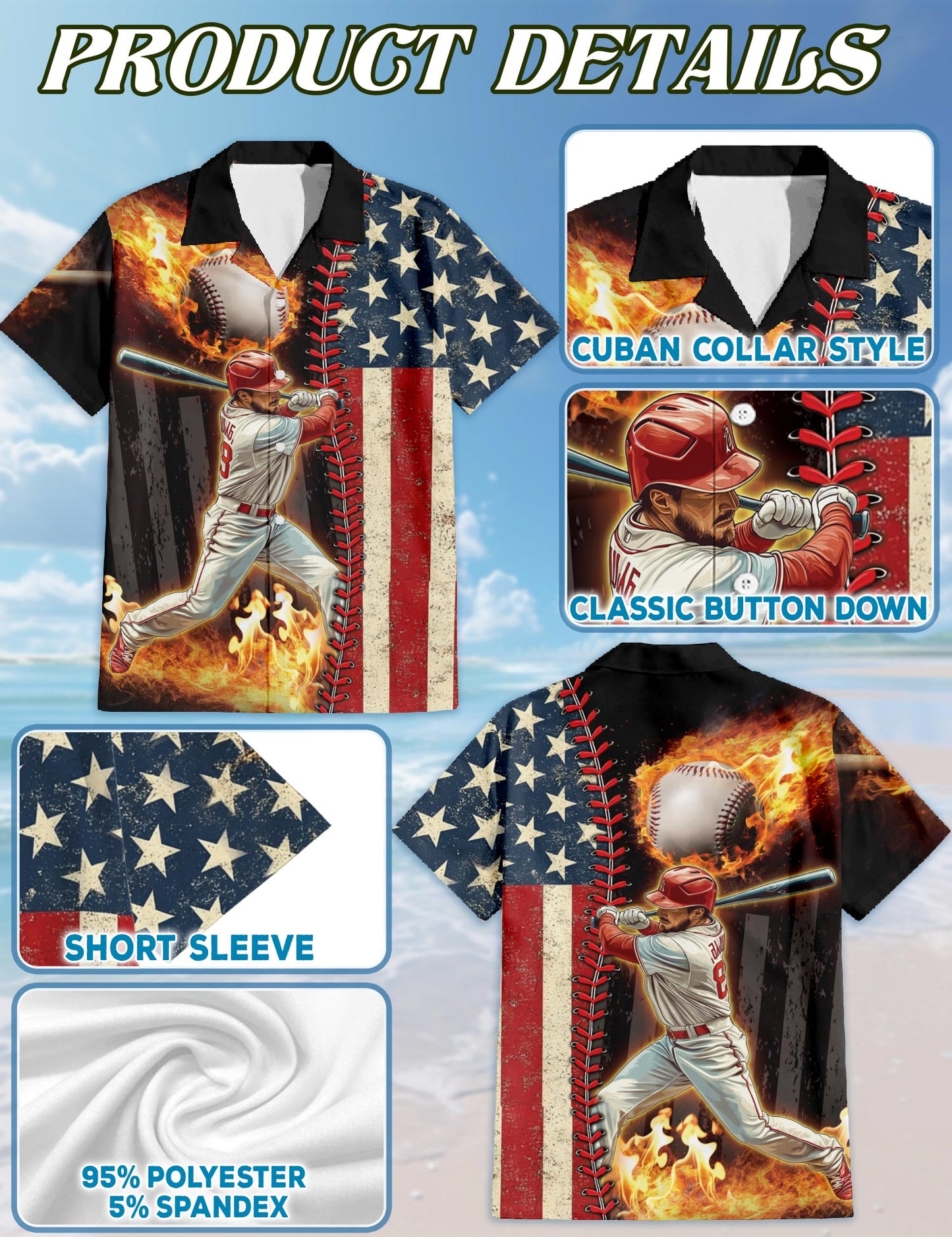Netecom Baseball American Flag Hawaiian Shirt for Men, Button Down Summer Beach Short Sleeve, Sizes S-5XL