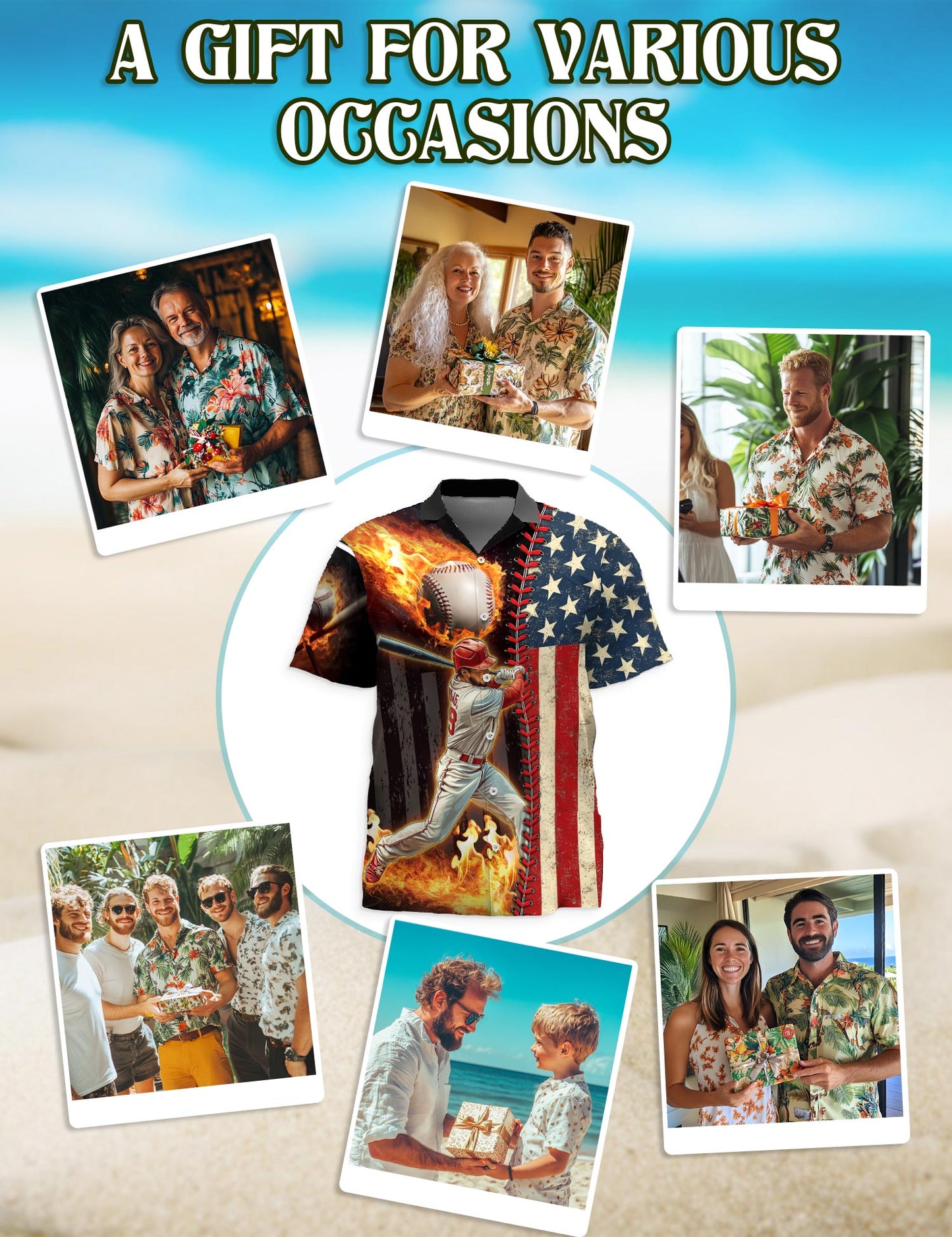 Netecom Baseball American Flag Hawaiian Shirt for Men, Button Down Summer Beach Short Sleeve, Sizes S-5XL