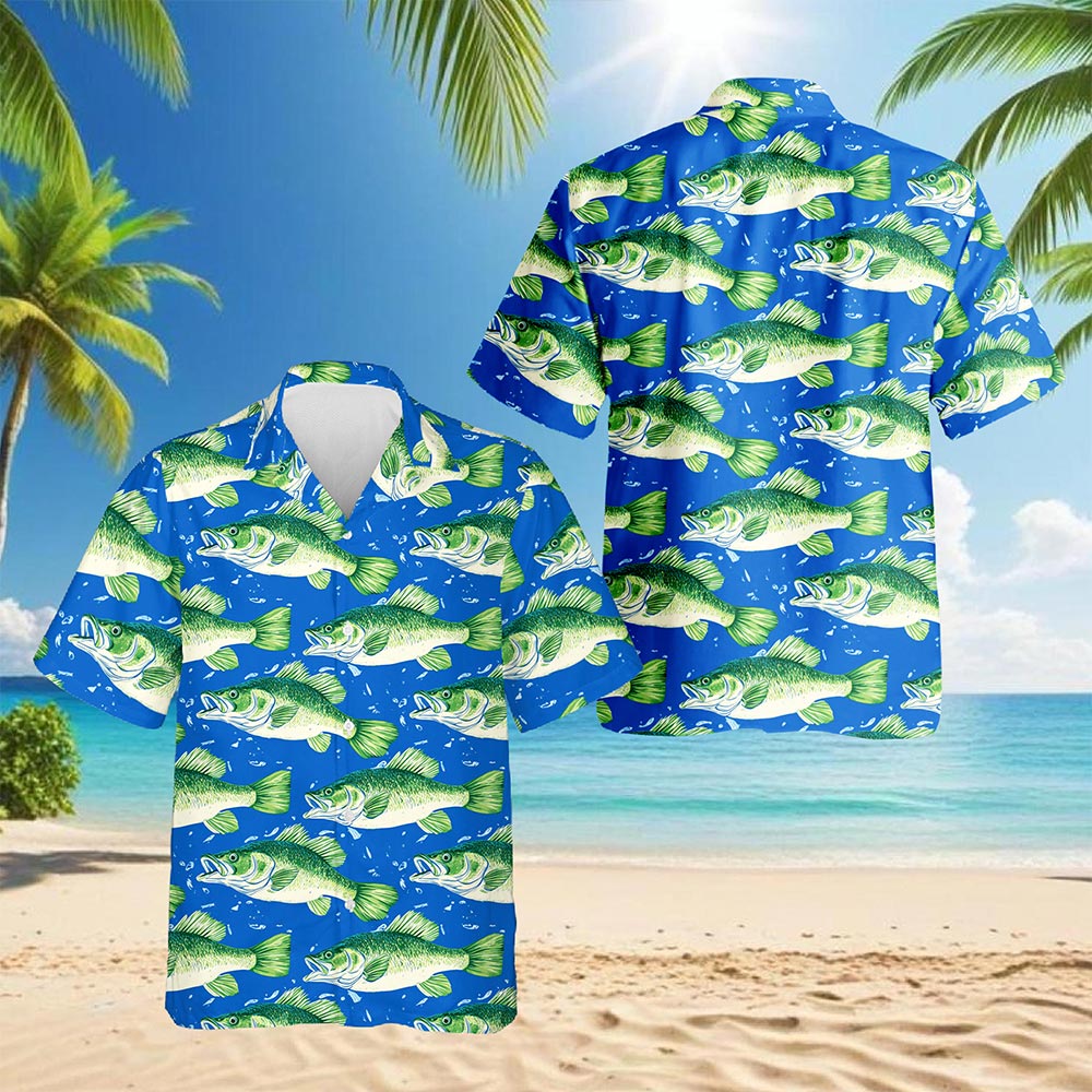 Netecom Bass Fish Pattern Hawaiian Shirt for Men, Vintage Style, Button Down Summer Beach Short Sleeve, S-5XL