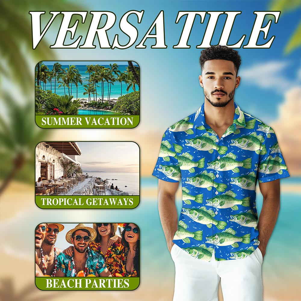 Netecom Bass Fish Pattern Hawaiian Shirt for Men, Vintage Style, Button Down Summer Beach Short Sleeve, S-5XL