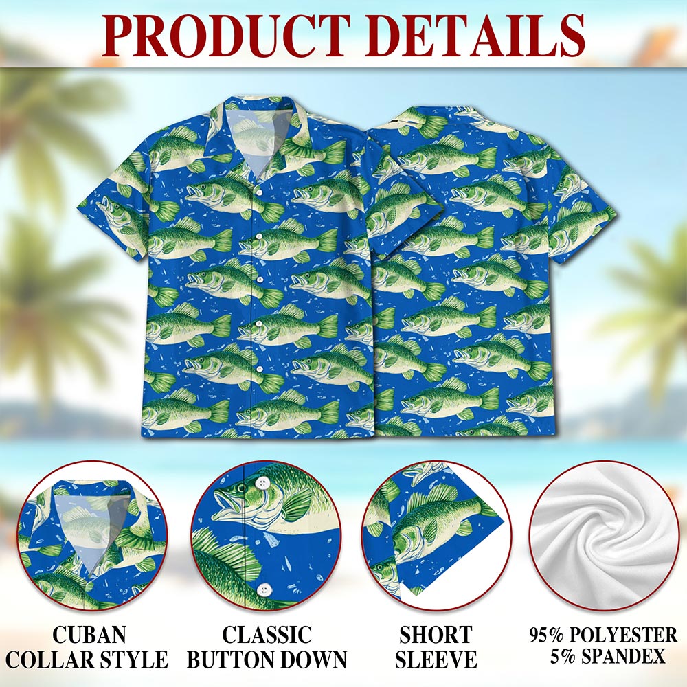 Netecom Bass Fish Pattern Hawaiian Shirt for Men, Vintage Style, Button Down Summer Beach Short Sleeve, S-5XL