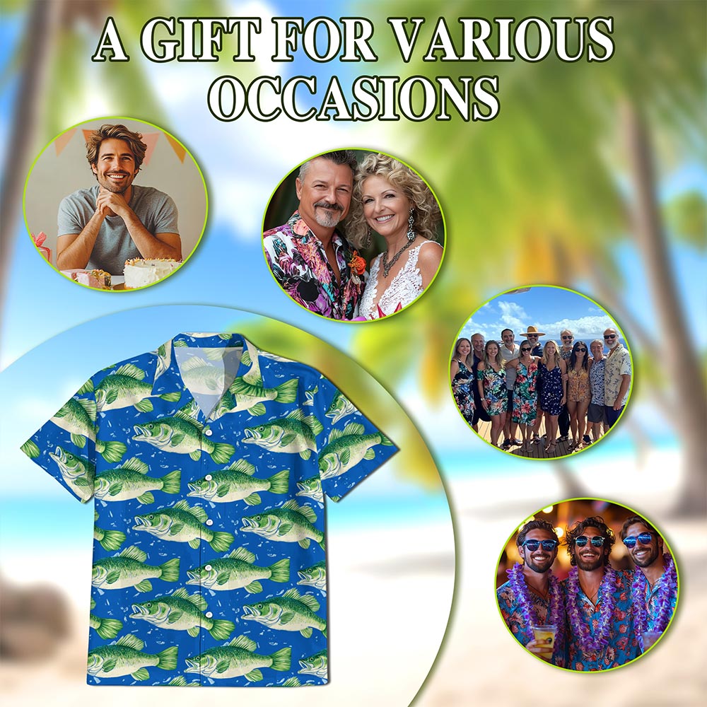 Netecom Bass Fish Pattern Hawaiian Shirt for Men, Vintage Style, Button Down Summer Beach Short Sleeve, S-5XL