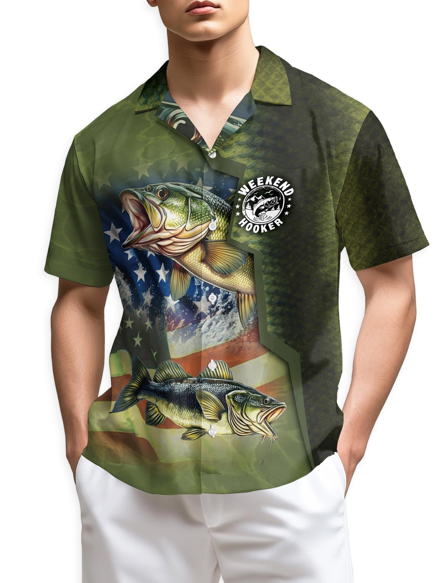 Netecom Bass Fishing Us Flag Hawaiian Shirt for Men