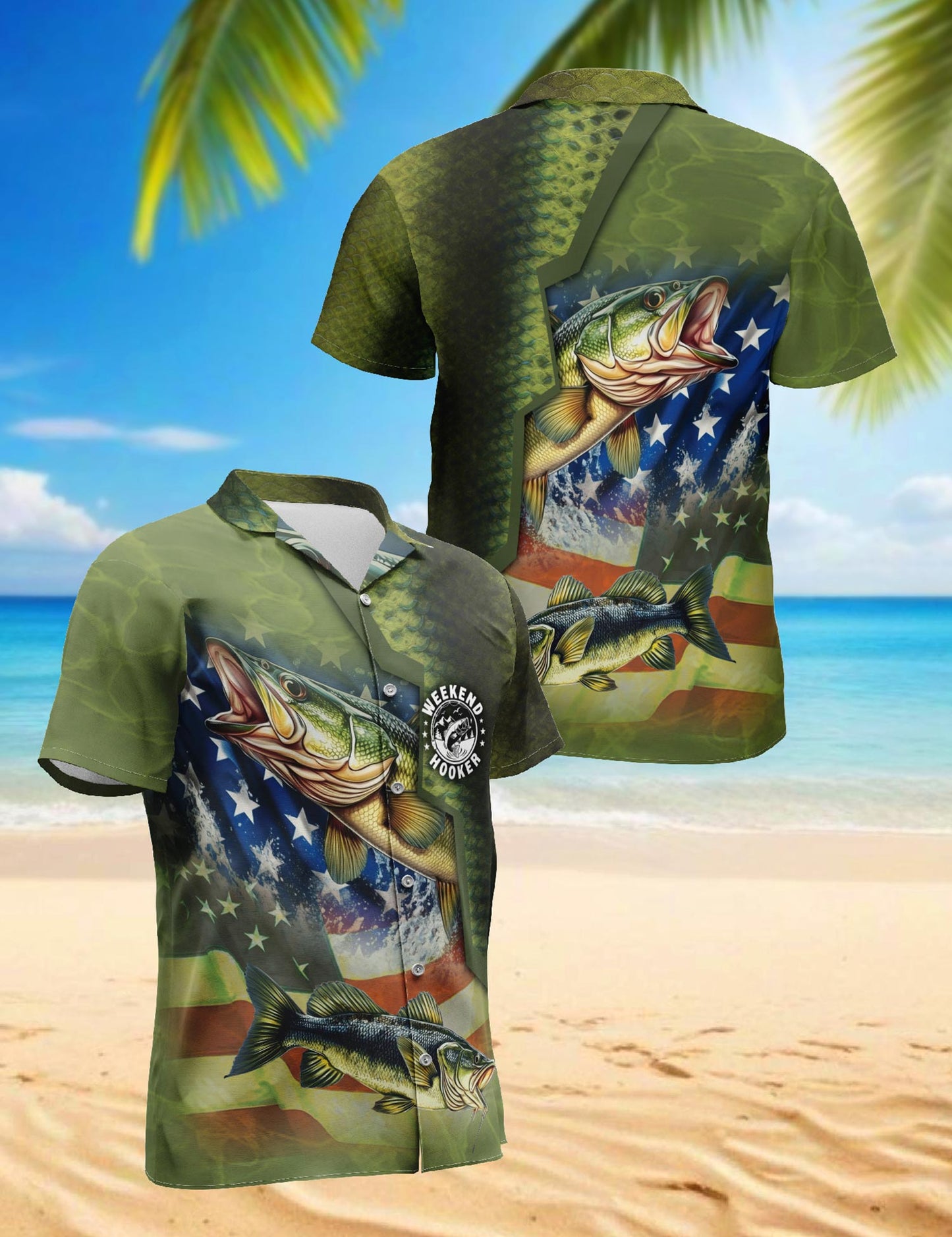 Netecom Bass Fishing Us Flag Hawaiian Shirt for Men, Button Down Summer Beach Short Sleeve, S-5XL