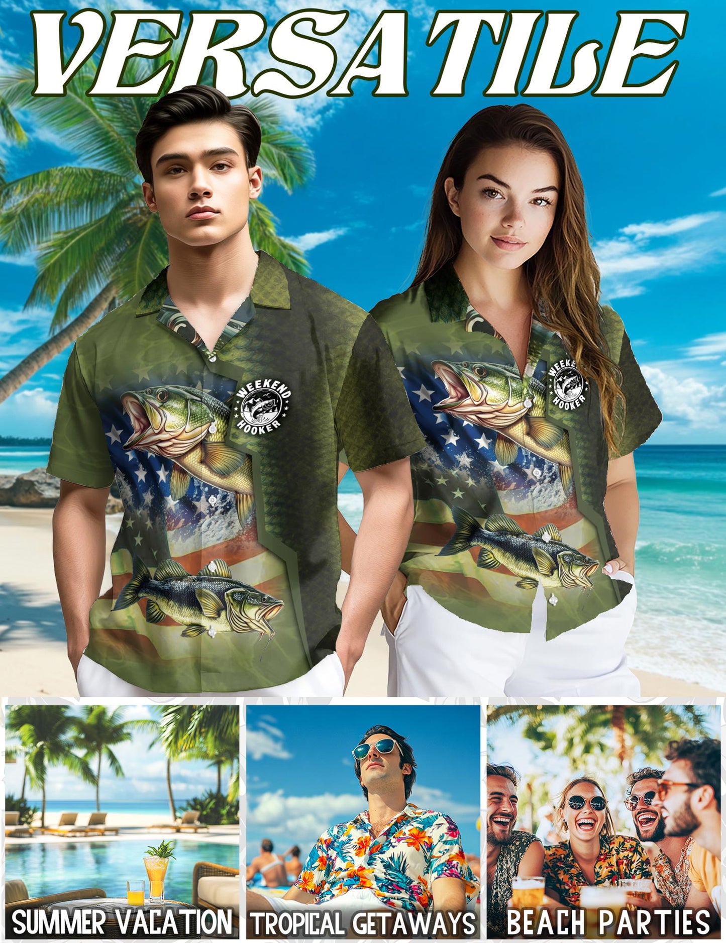 Netecom Bass Fishing Us Flag Hawaiian Shirt for Men, Button Down Summer Beach Short Sleeve, S-5XL