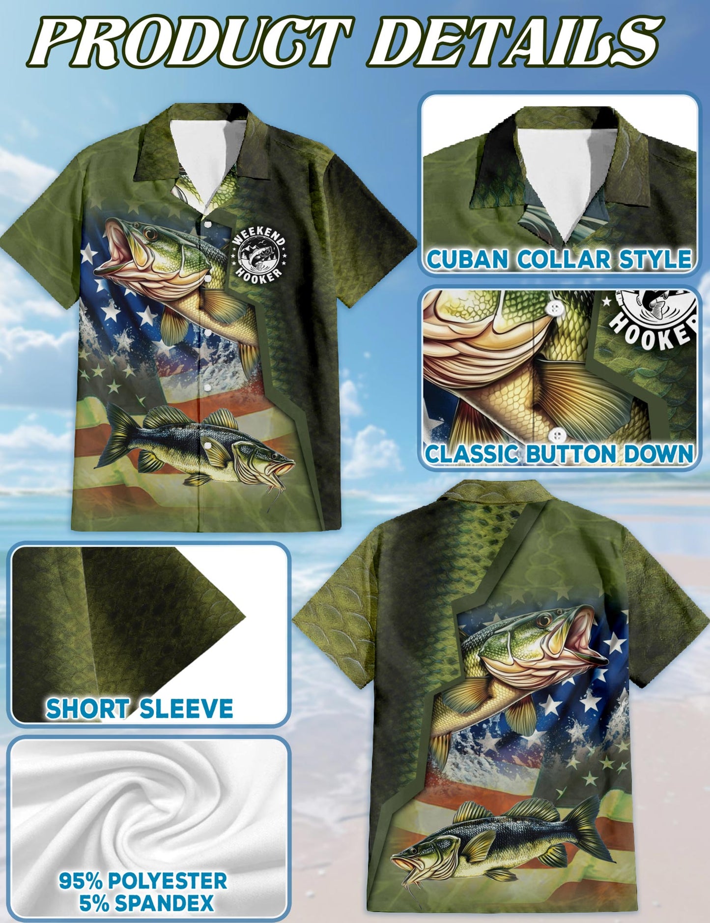 Netecom Bass Fishing Us Flag Hawaiian Shirt for Men, Button Down Summer Beach Short Sleeve, S-5XL