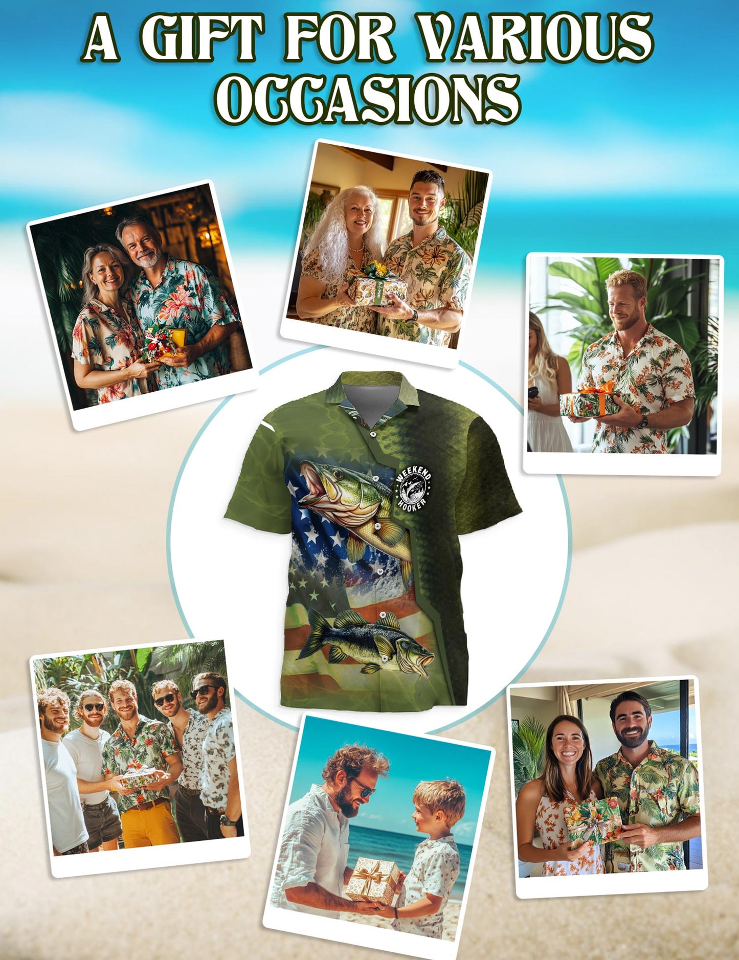 Netecom Bass Fishing Us Flag Hawaiian Shirt for Men, Button Down Summer Beach Short Sleeve, S-5XL