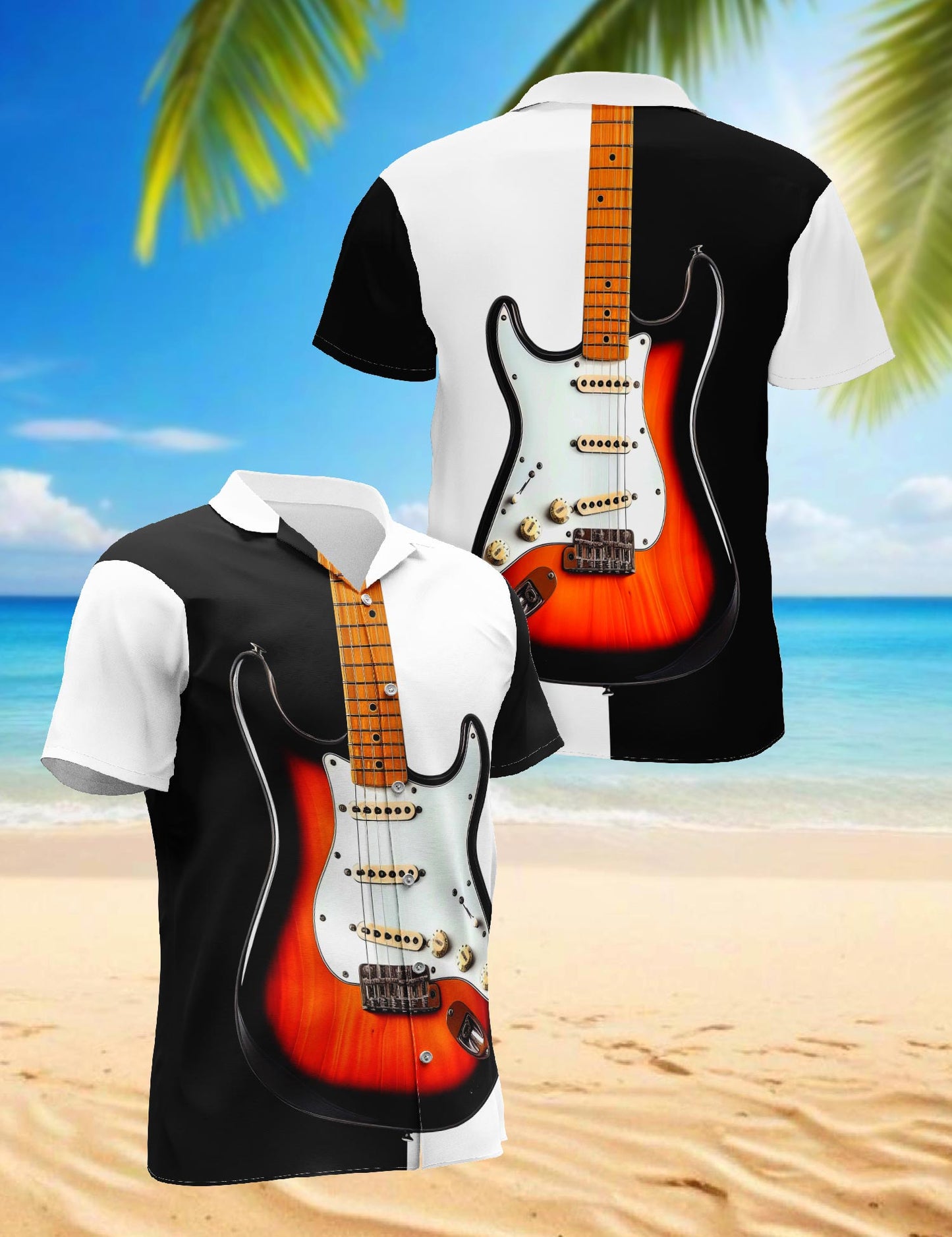 Netecom Bass Guitar Black & White Hawaiian Shirt for Men, Vintage Style, Button Down Summer Beach Short Sleeve, S-5XL