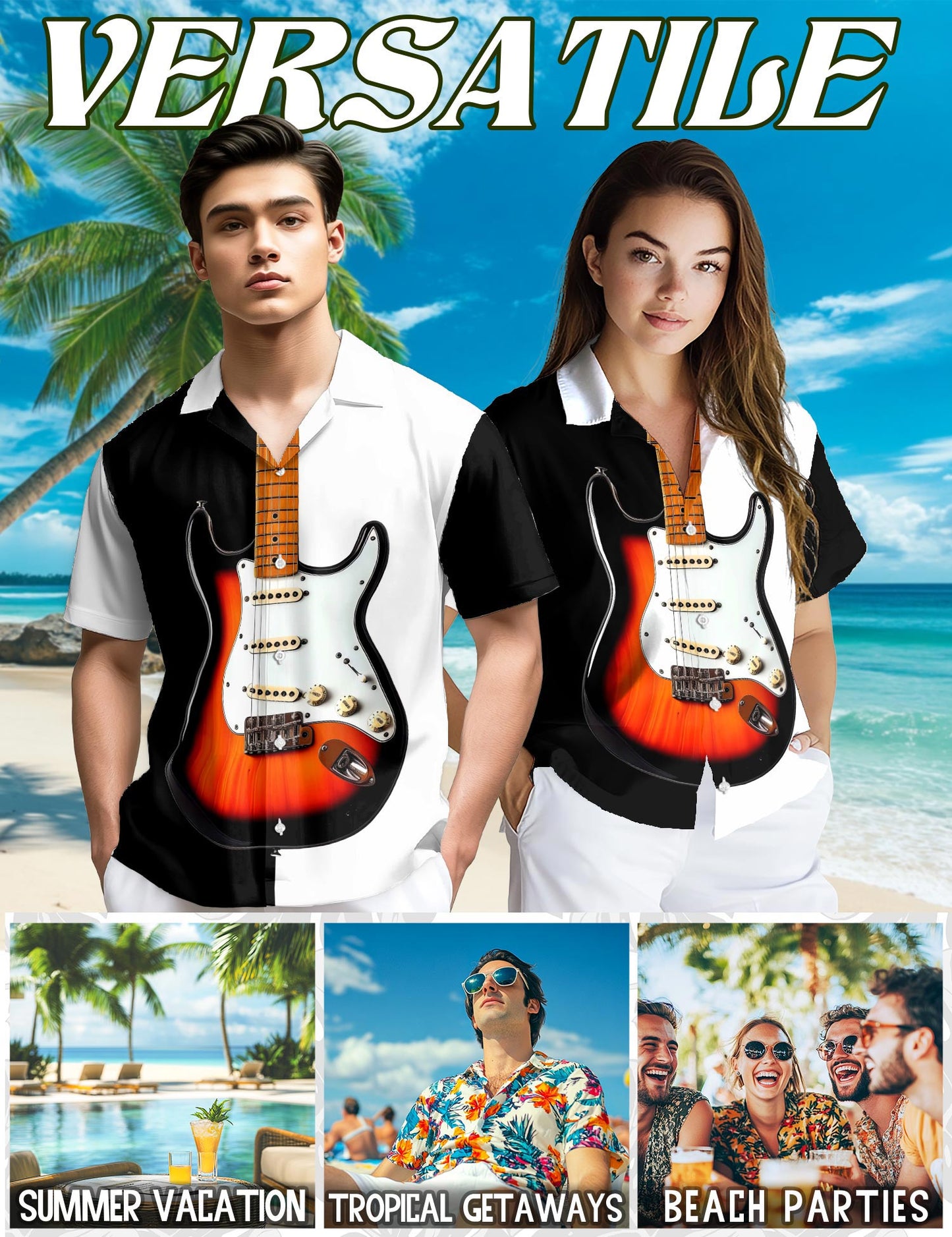 Netecom Bass Guitar Black & White Hawaiian Shirt for Men, Vintage Style, Button Down Summer Beach Short Sleeve, S-5XL