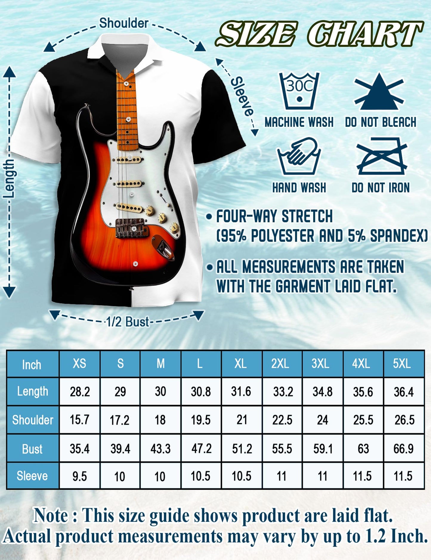 Netecom Bass Guitar Black & White Hawaiian Shirt for Men, Vintage Style, Button Down Summer Beach Short Sleeve, S-5XL