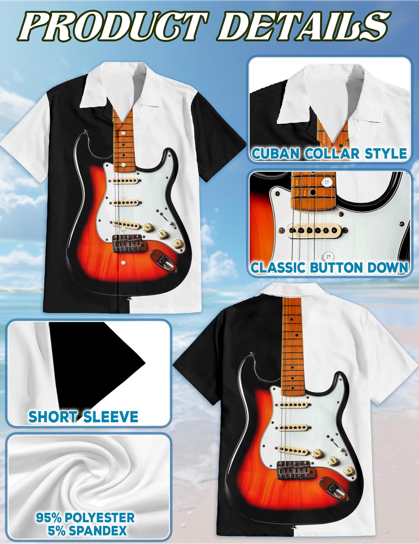 Netecom Bass Guitar Black & White Hawaiian Shirt for Men, Vintage Style, Button Down Summer Beach Short Sleeve, S-5XL