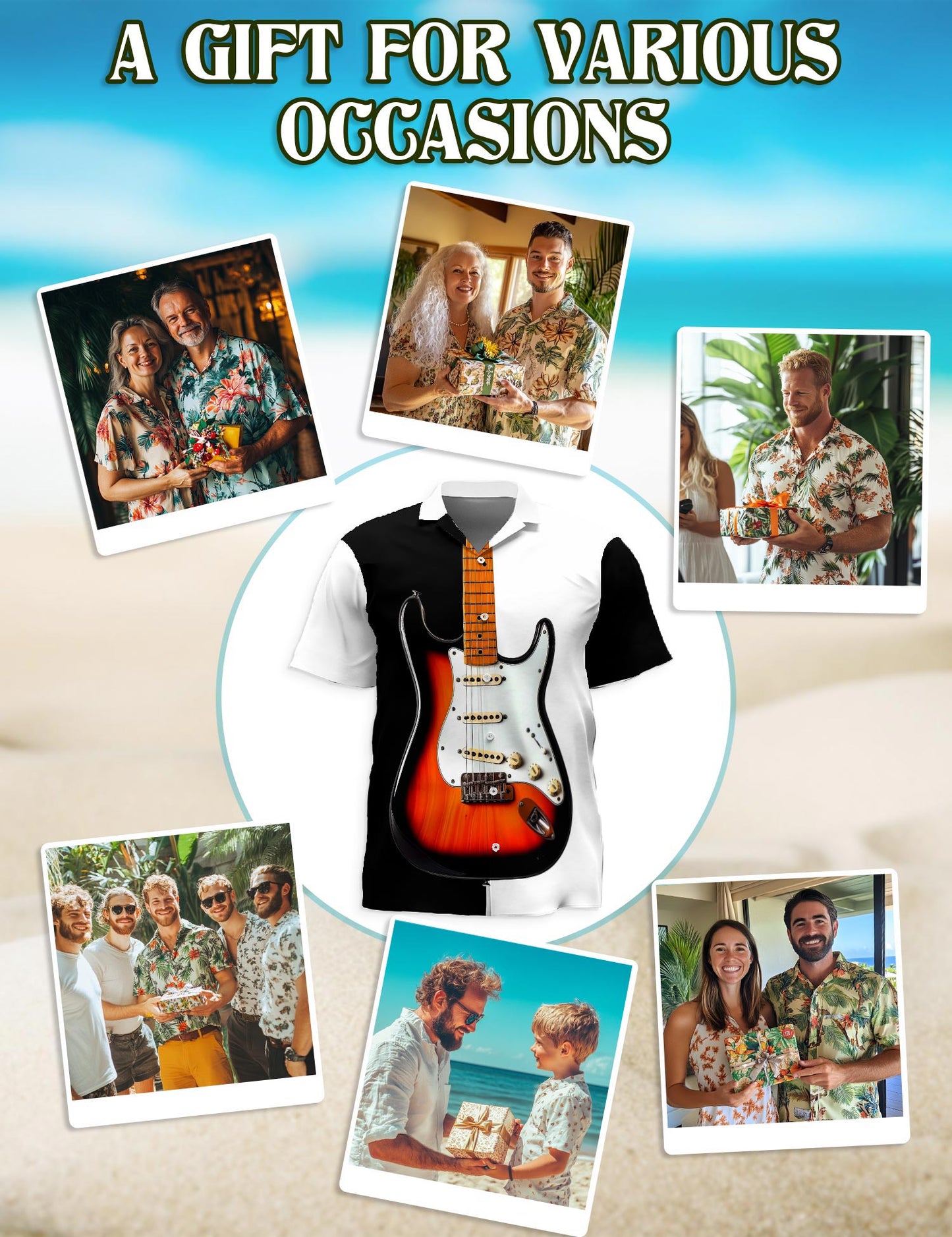 Netecom Bass Guitar Black & White Hawaiian Shirt for Men, Vintage Style, Button Down Summer Beach Short Sleeve, S-5XL