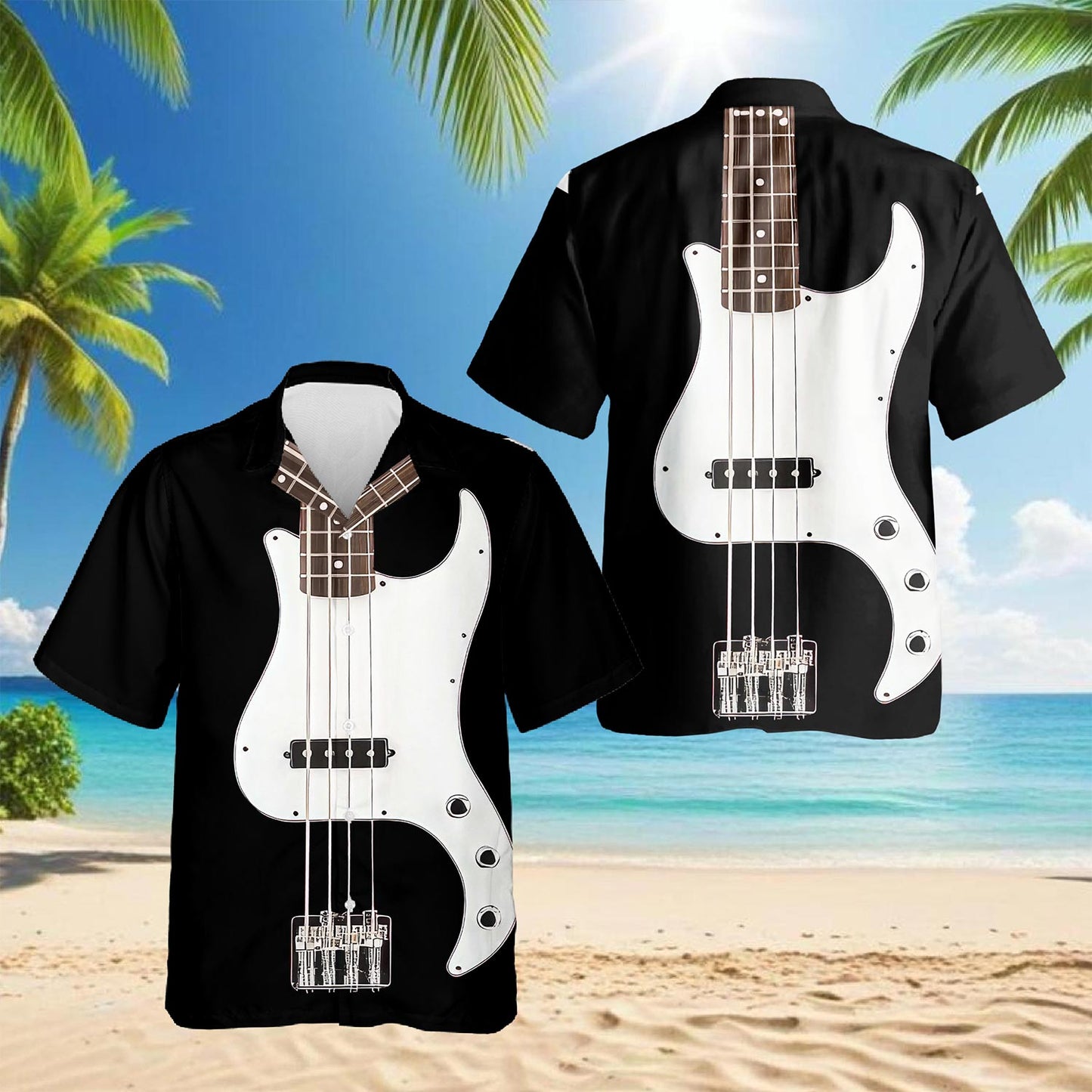 Netecom Bass Guitar Hawaiian Shirt for Men, Vintage Style, Button Down Summer Beach Short Sleeve, S-5XL